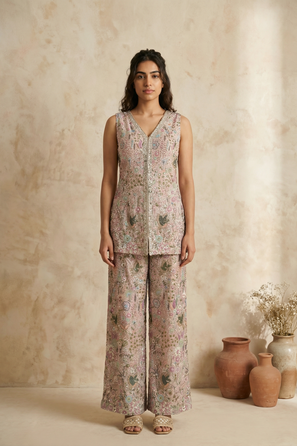 Pastel Pink Soft Silk Embroidered Kurta Set with Wide-Leg Pants - Mokshaa