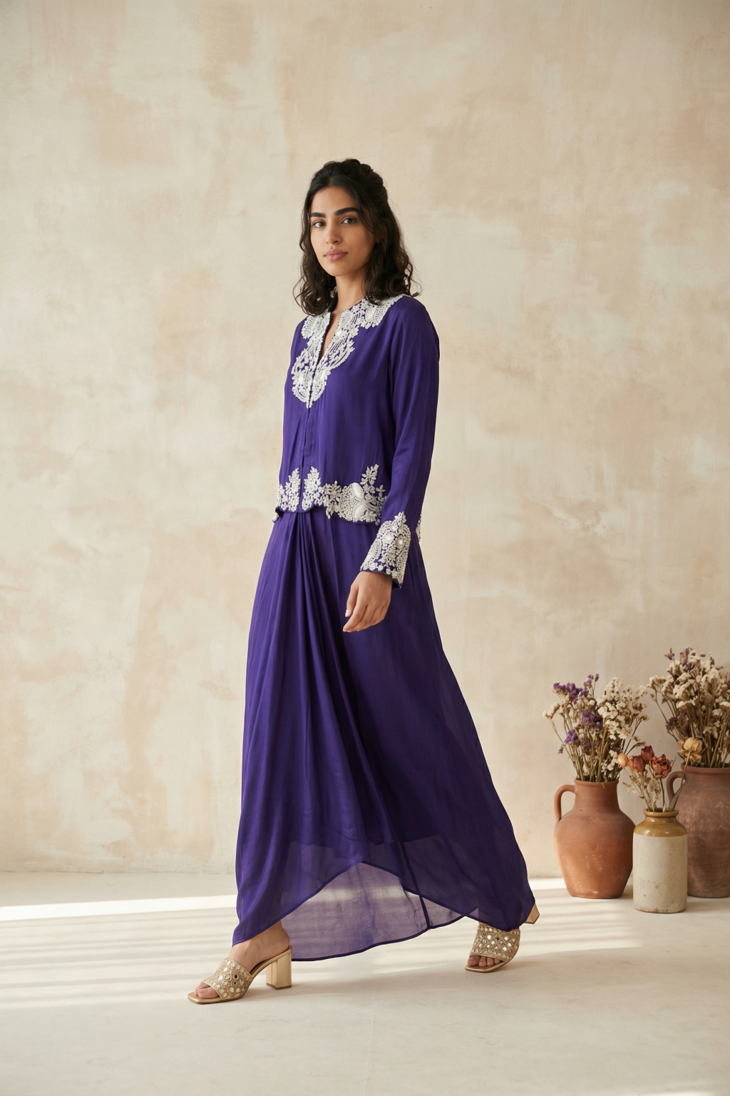 Purple Georgette Top & Drape Skirt Set - Mokshaa
