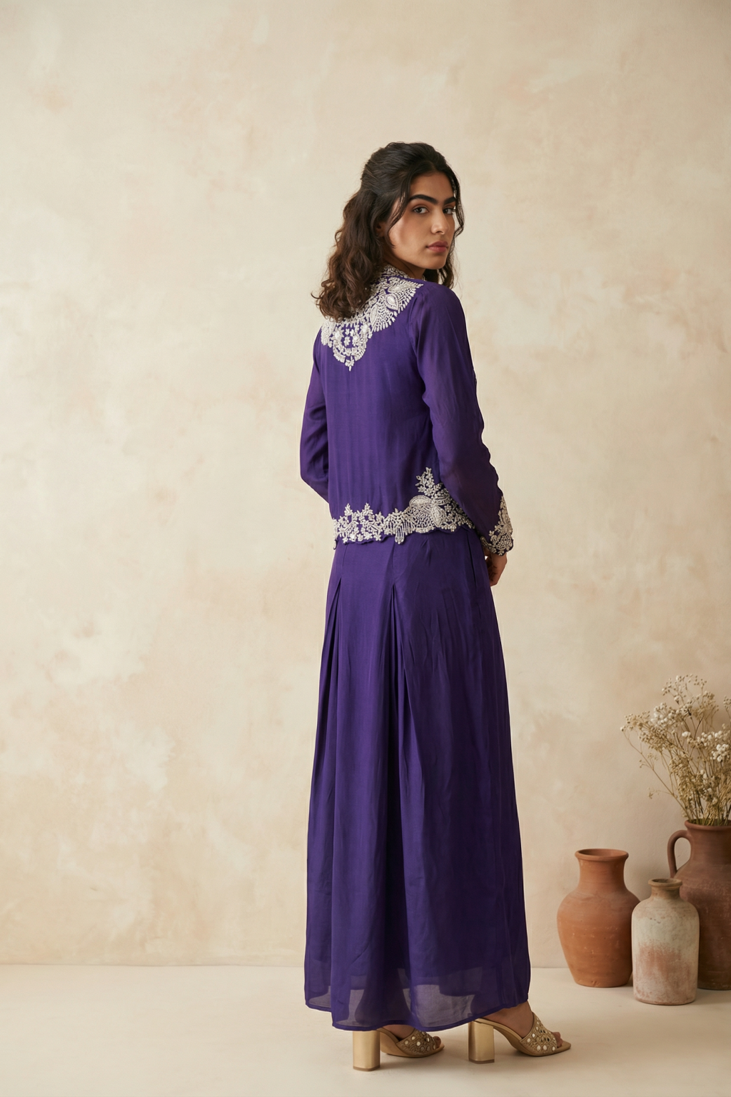Purple Georgette Top & Drape Skirt Set - Mokshaa