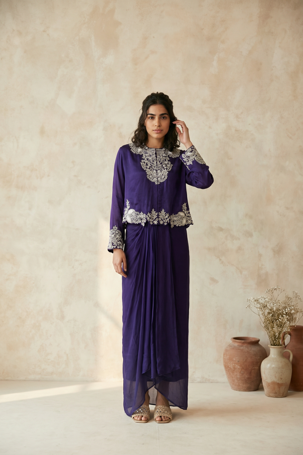Purple Georgette Top & Drape Skirt Set - Mokshaa