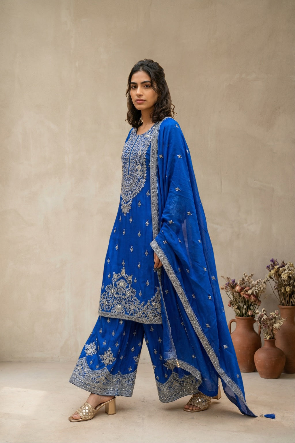 Blue Chiffon Sharara Set - Mokshaa