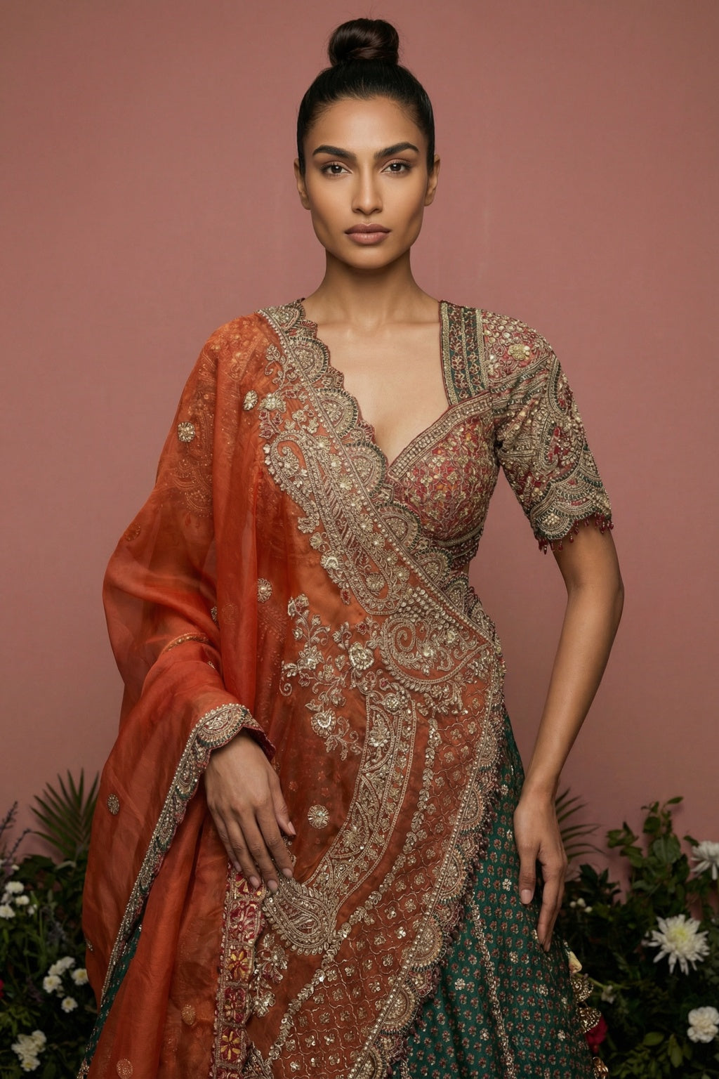 Green Printed Silk Lehenga Set with Rust Organza Dupatta - Mokshaa