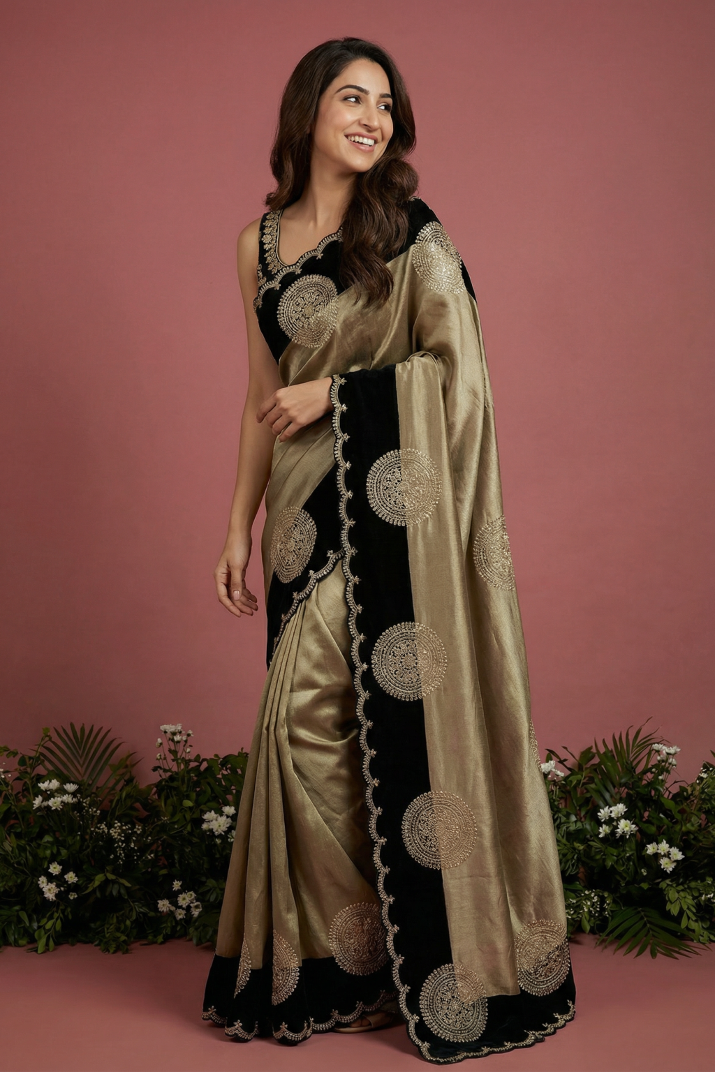 Gold Black Tissue Saree with Zardosi & Sequin Embroidery
