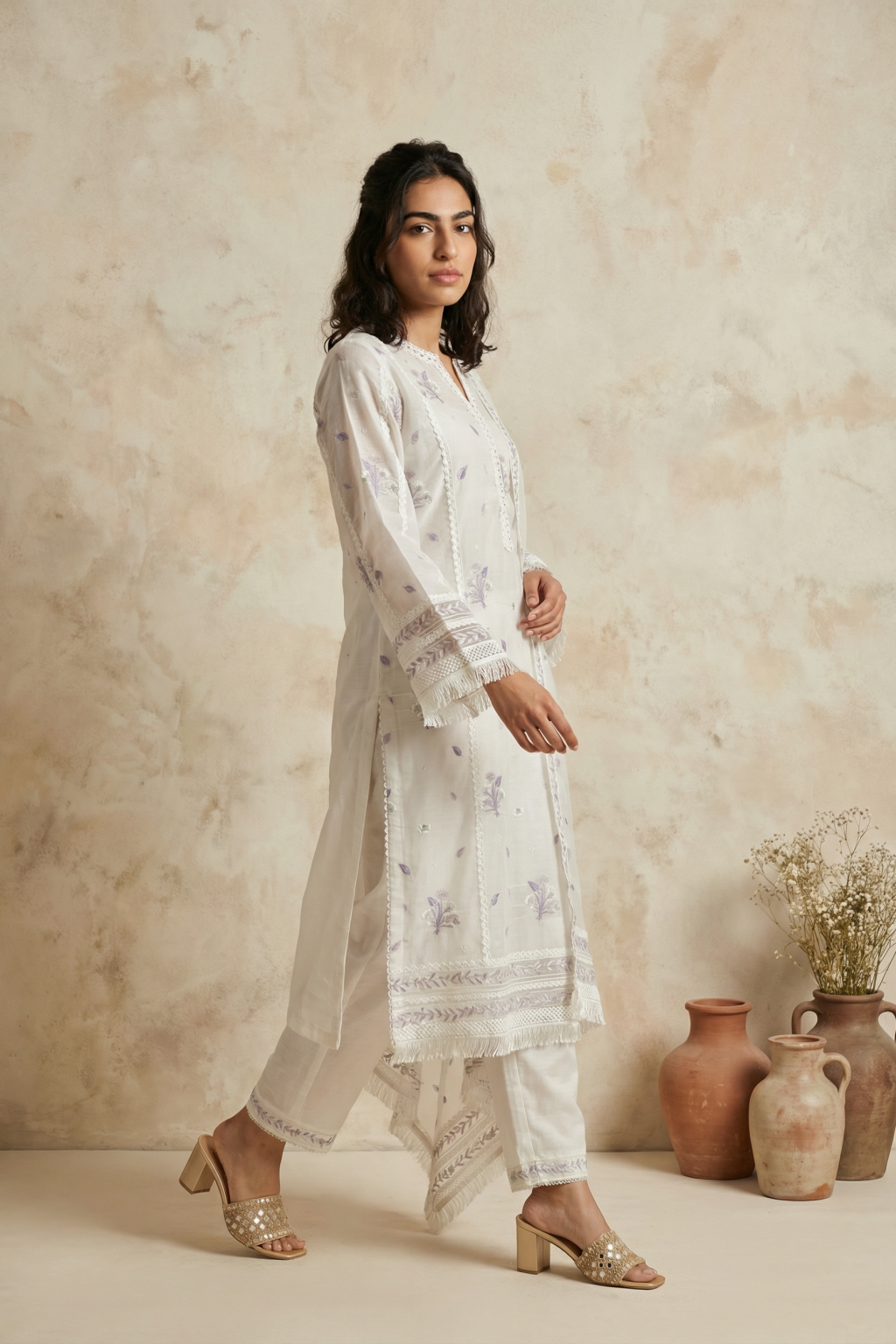 White Mul Cotton Straight Salwar Set - Mokshaa