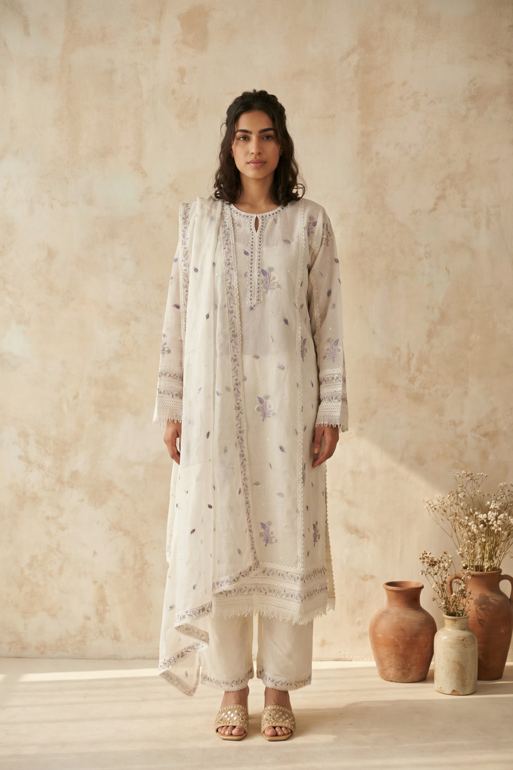 White Mul Cotton Straight Salwar Set - Mokshaa