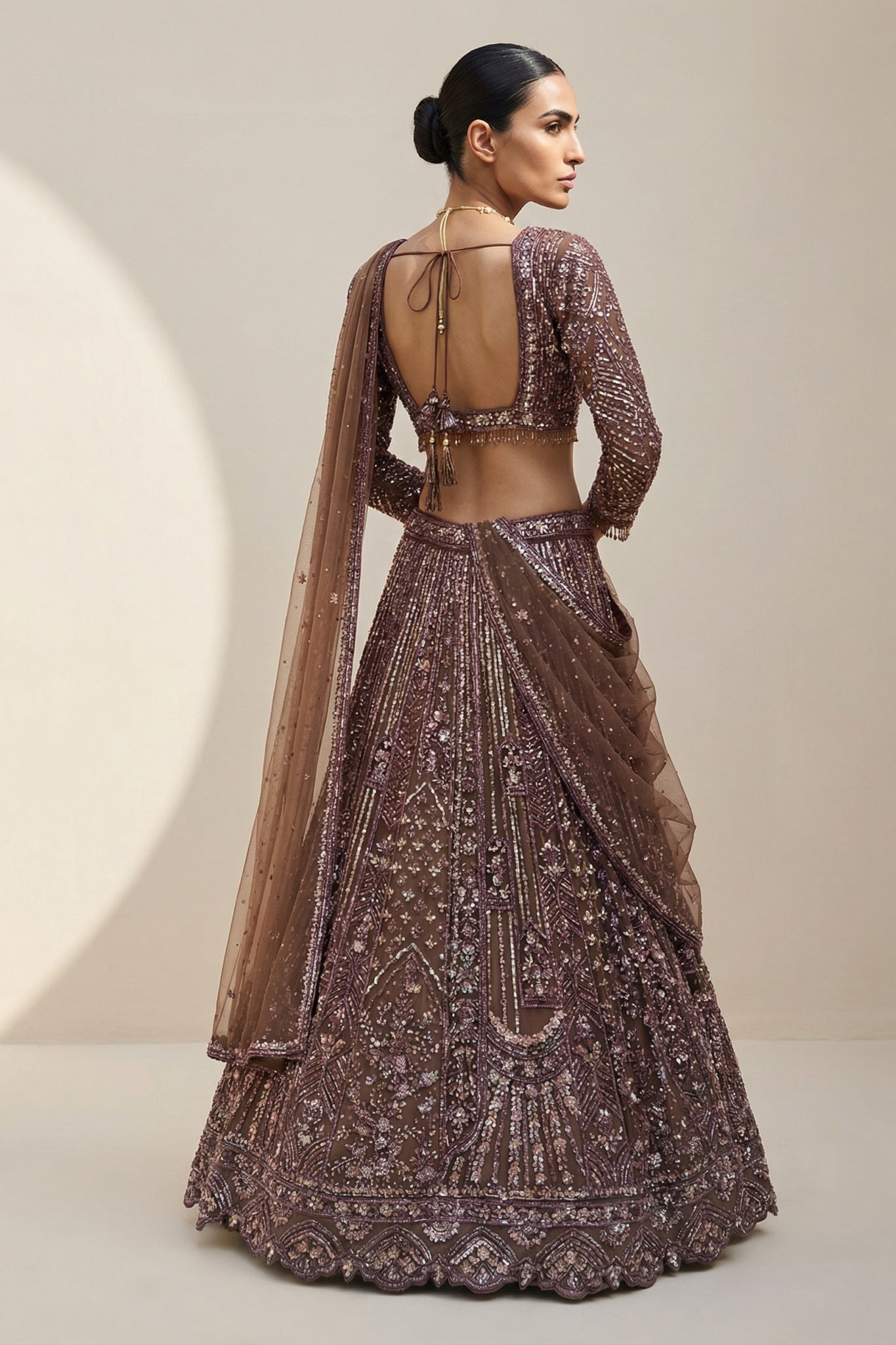 Deep Brown Net Lehenga Set - Mokshaa