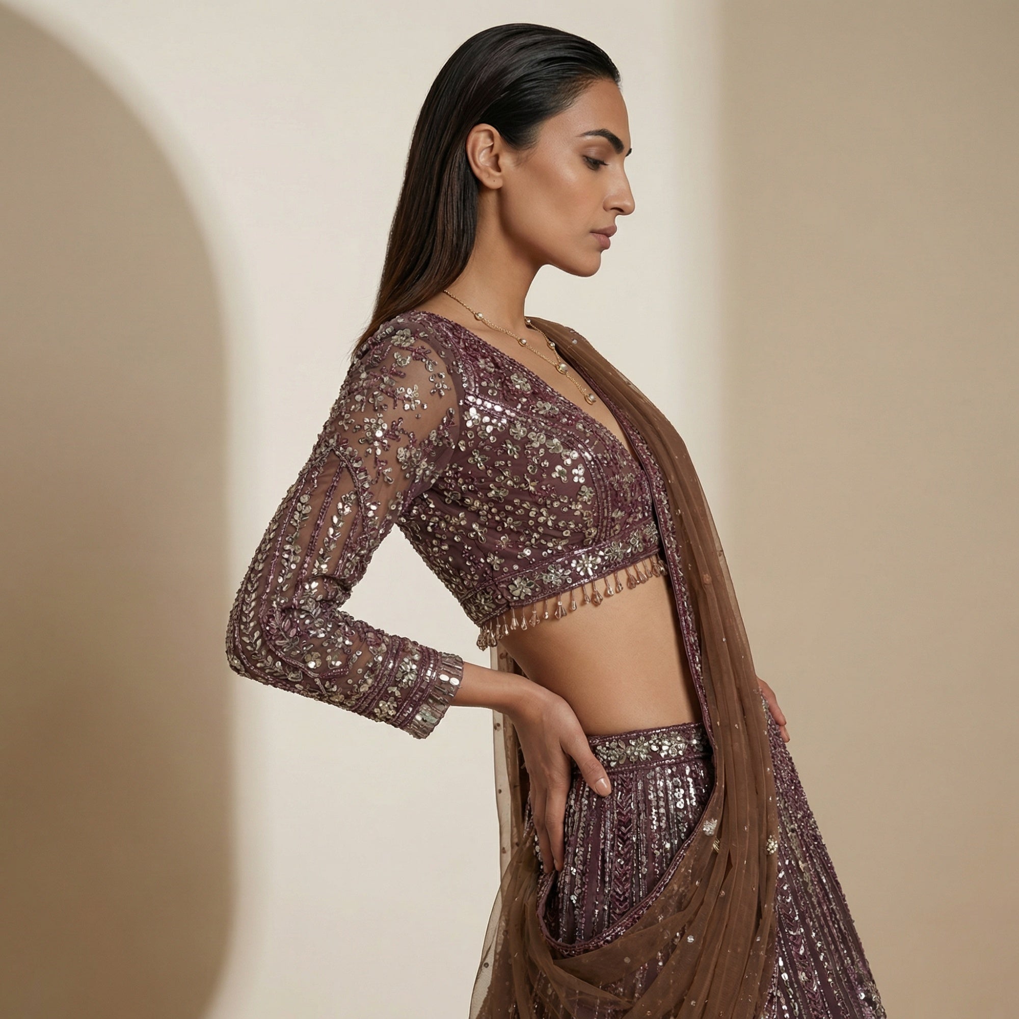 Deep Brown Net Lehenga Set - Mokshaa