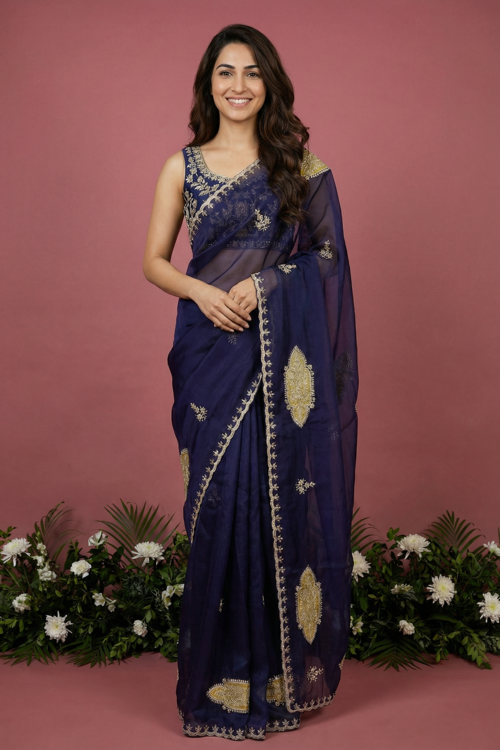 Dark Purple Organza Saree with Appliqué& Pita Zari Work - Mokshaa