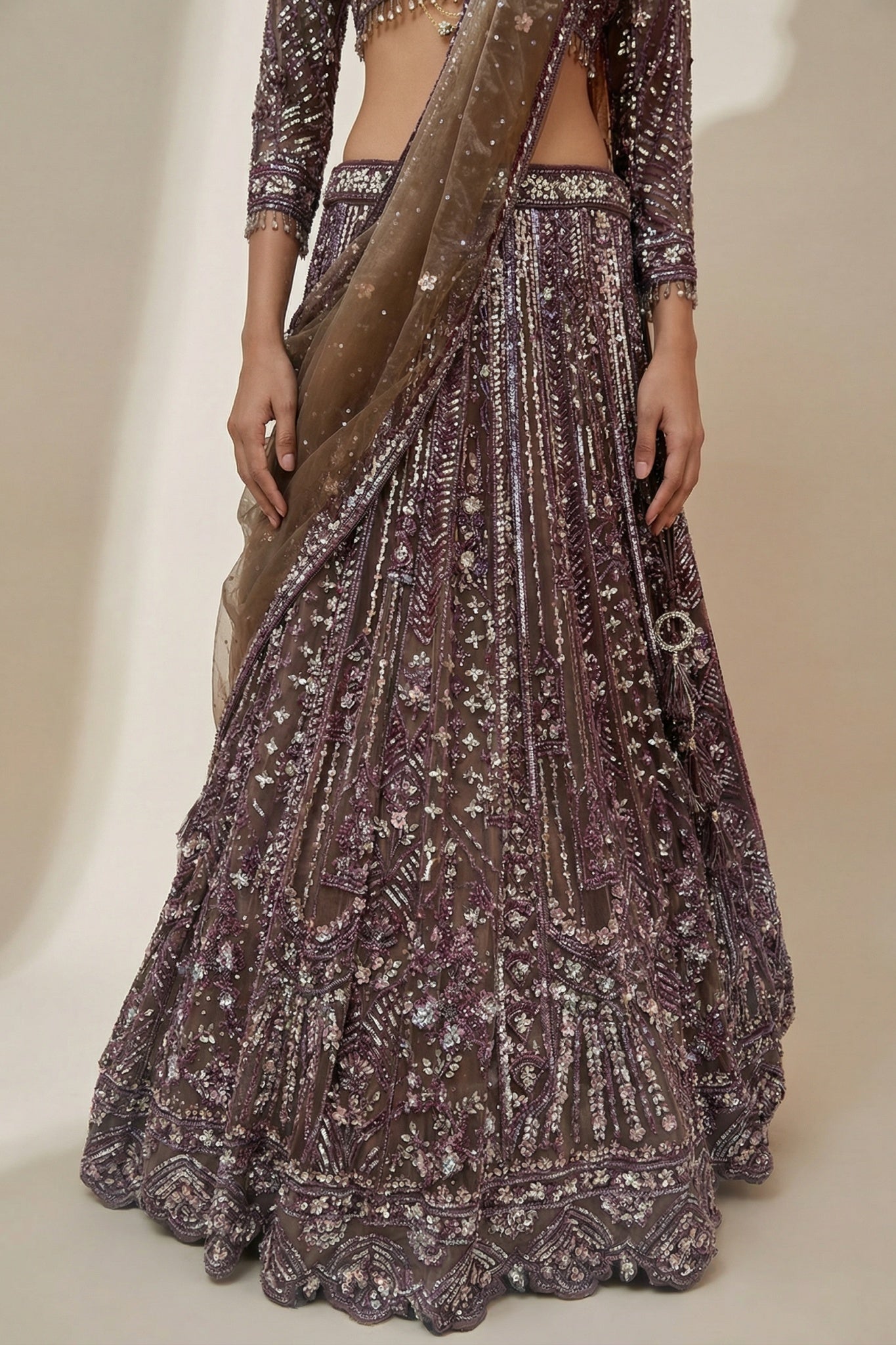 Deep Brown Net Lehenga Set - Mokshaa
