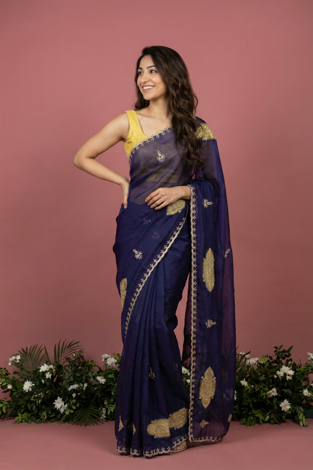 Dark Purple Organza Saree with Appliqué& Pita Zari Work - Mokshaa