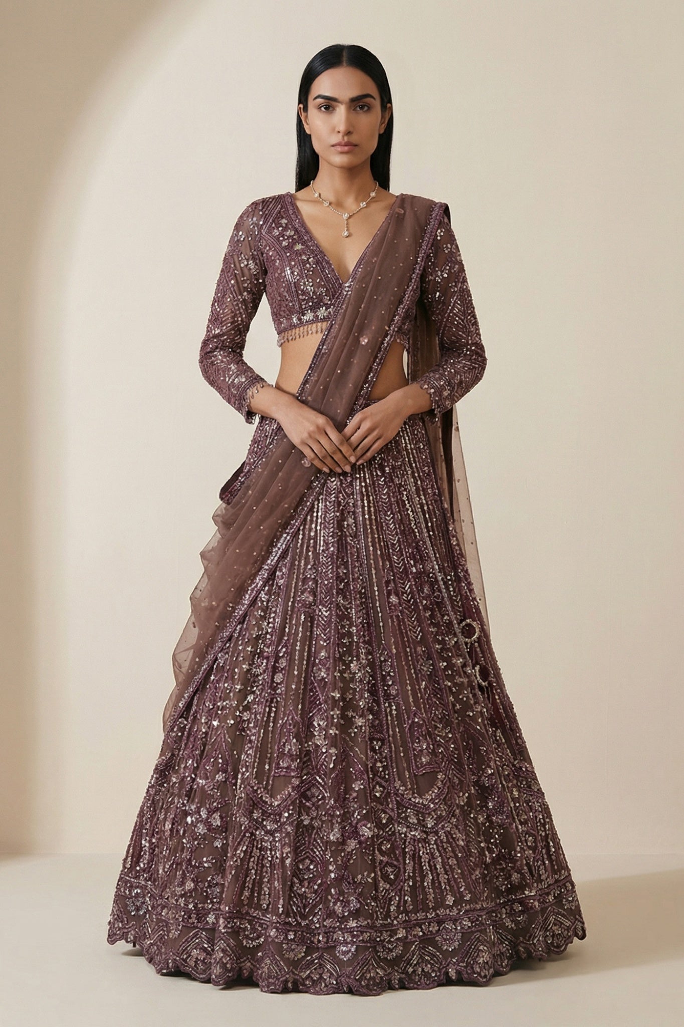 Deep Brown Net Lehenga Set - Mokshaa