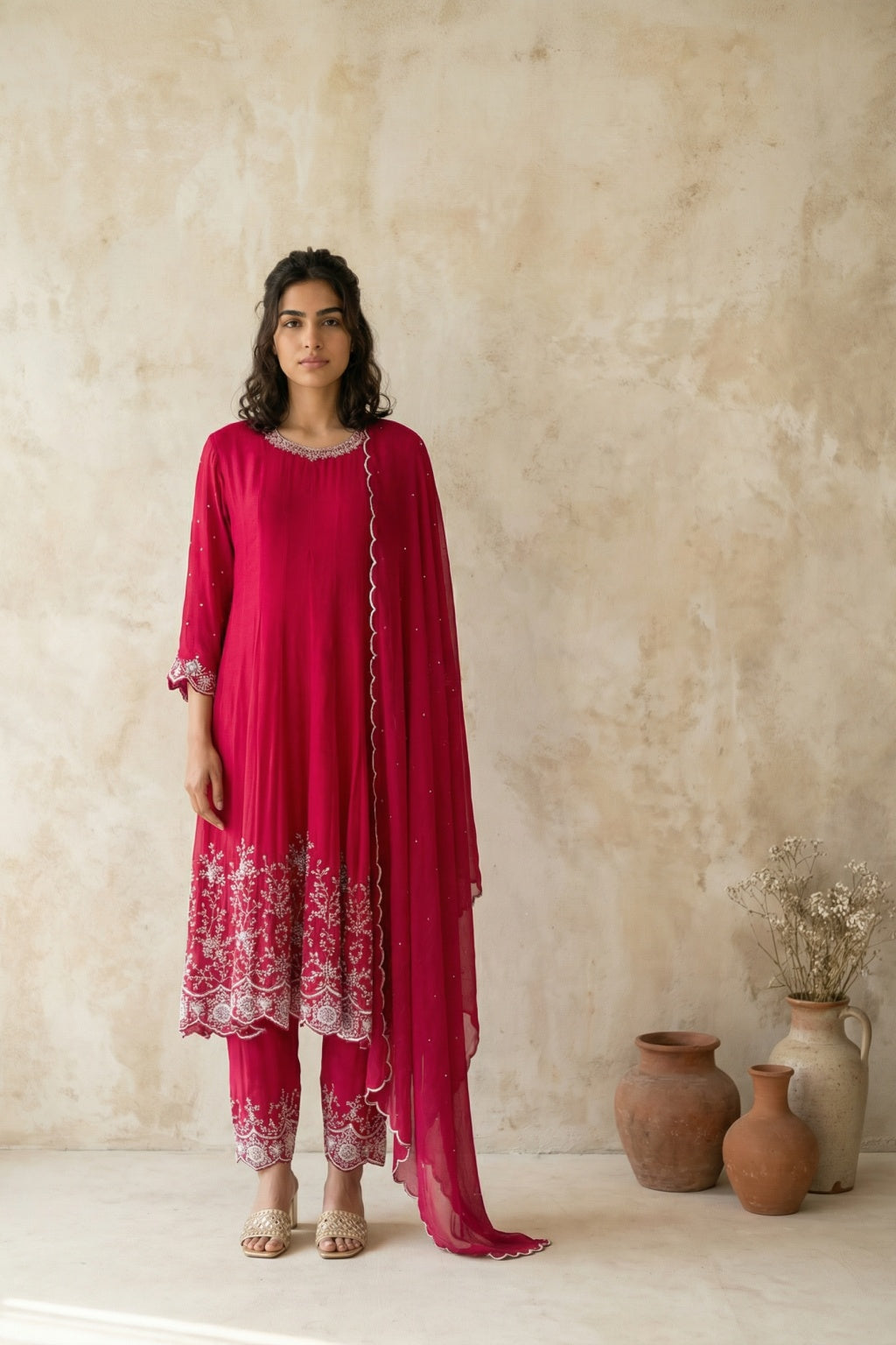 Red Crepe Chiffon Anarkali Set - Mokshaa