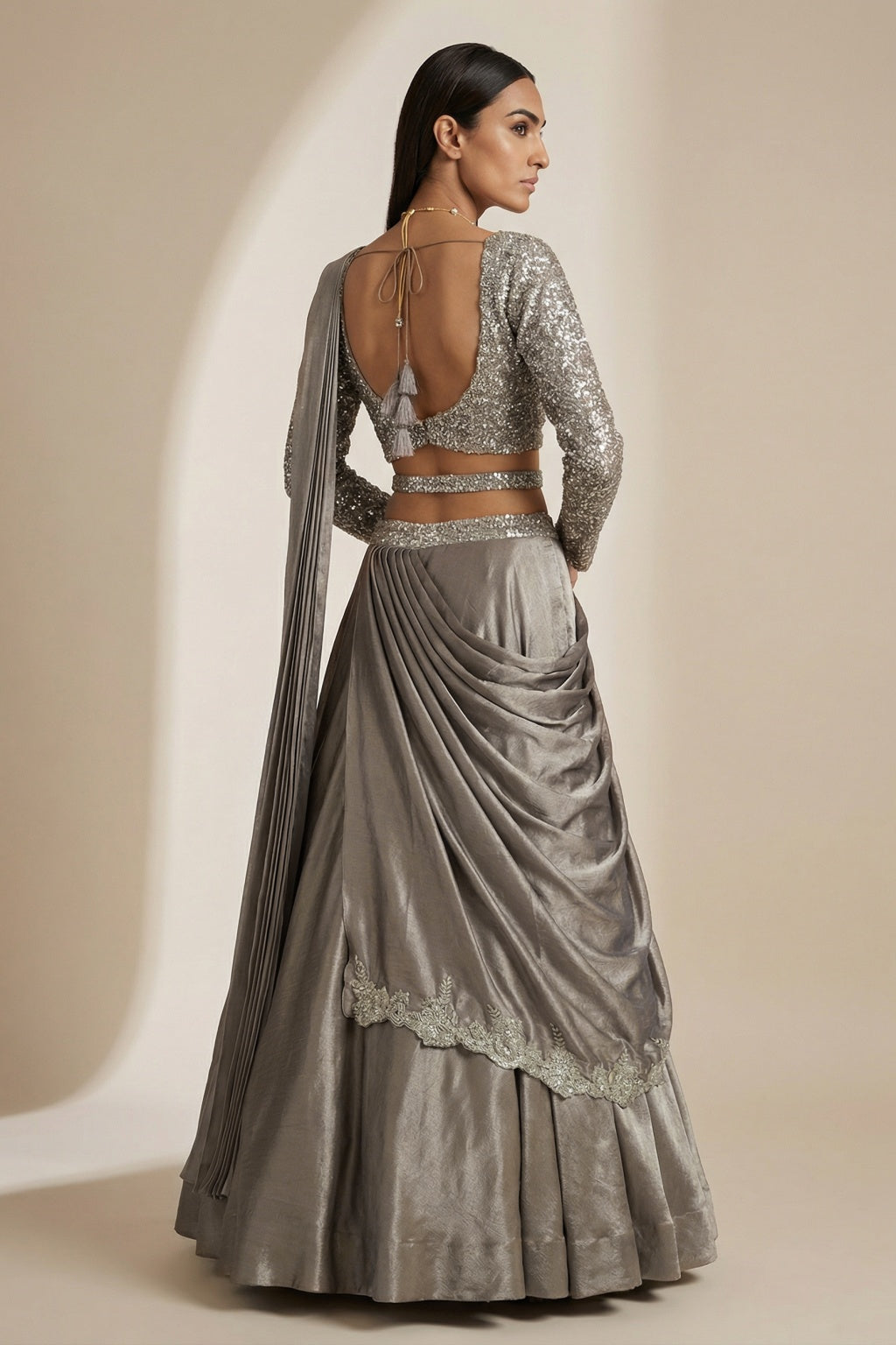 Champagne Silk Draped Lehenga with Contemporary Belt Detail - Mokshaa