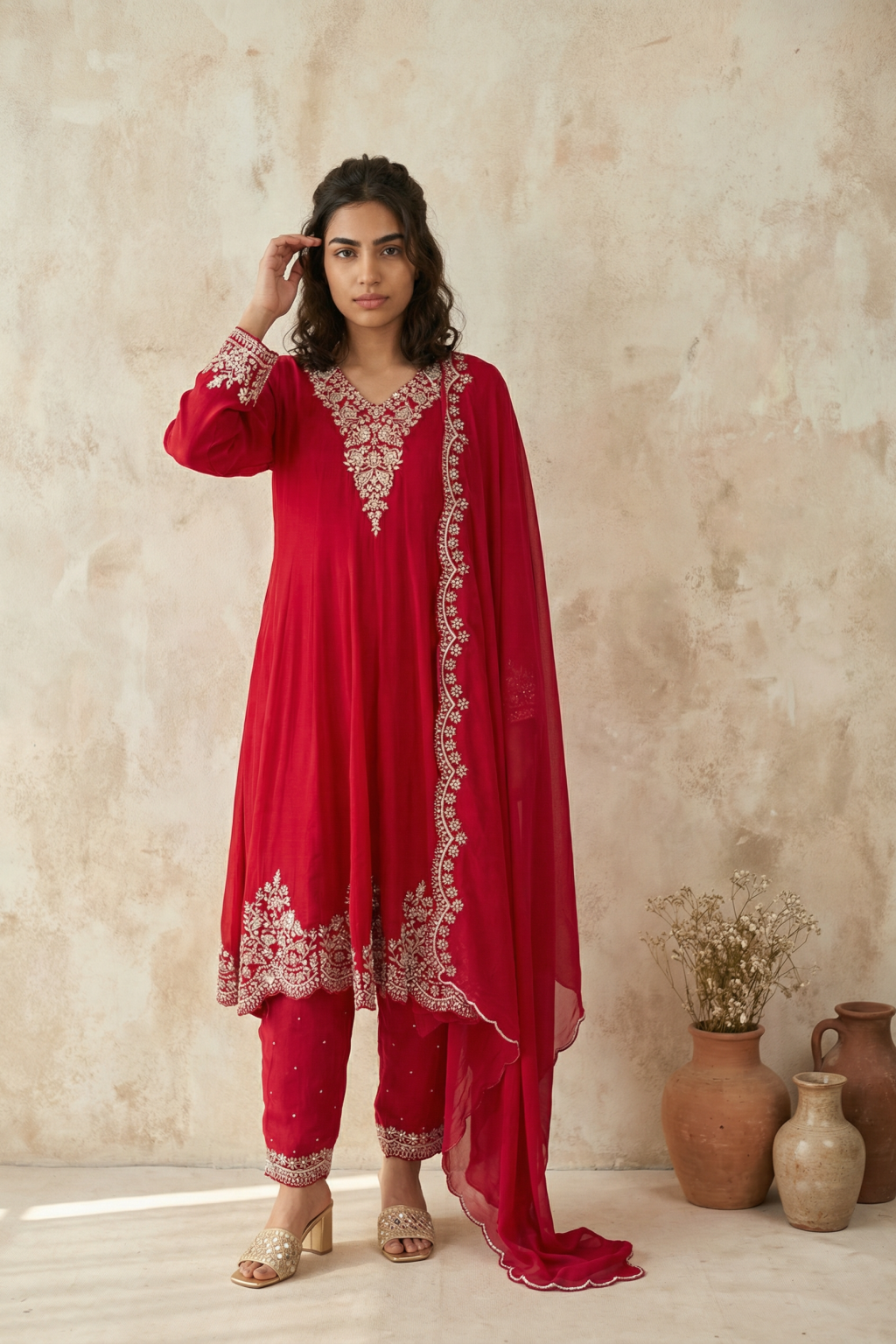 Red Chiffon Salwar Set - Mokshaa