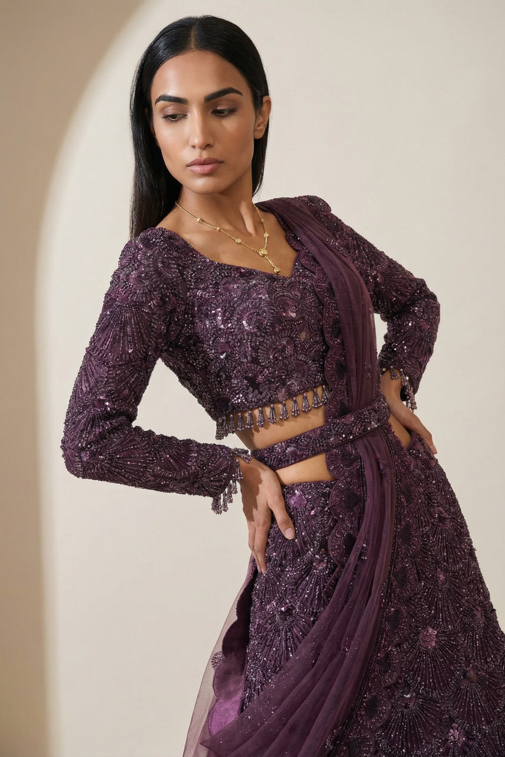 Wine Mermaid Lehenga Set with Belt - Mokshaa