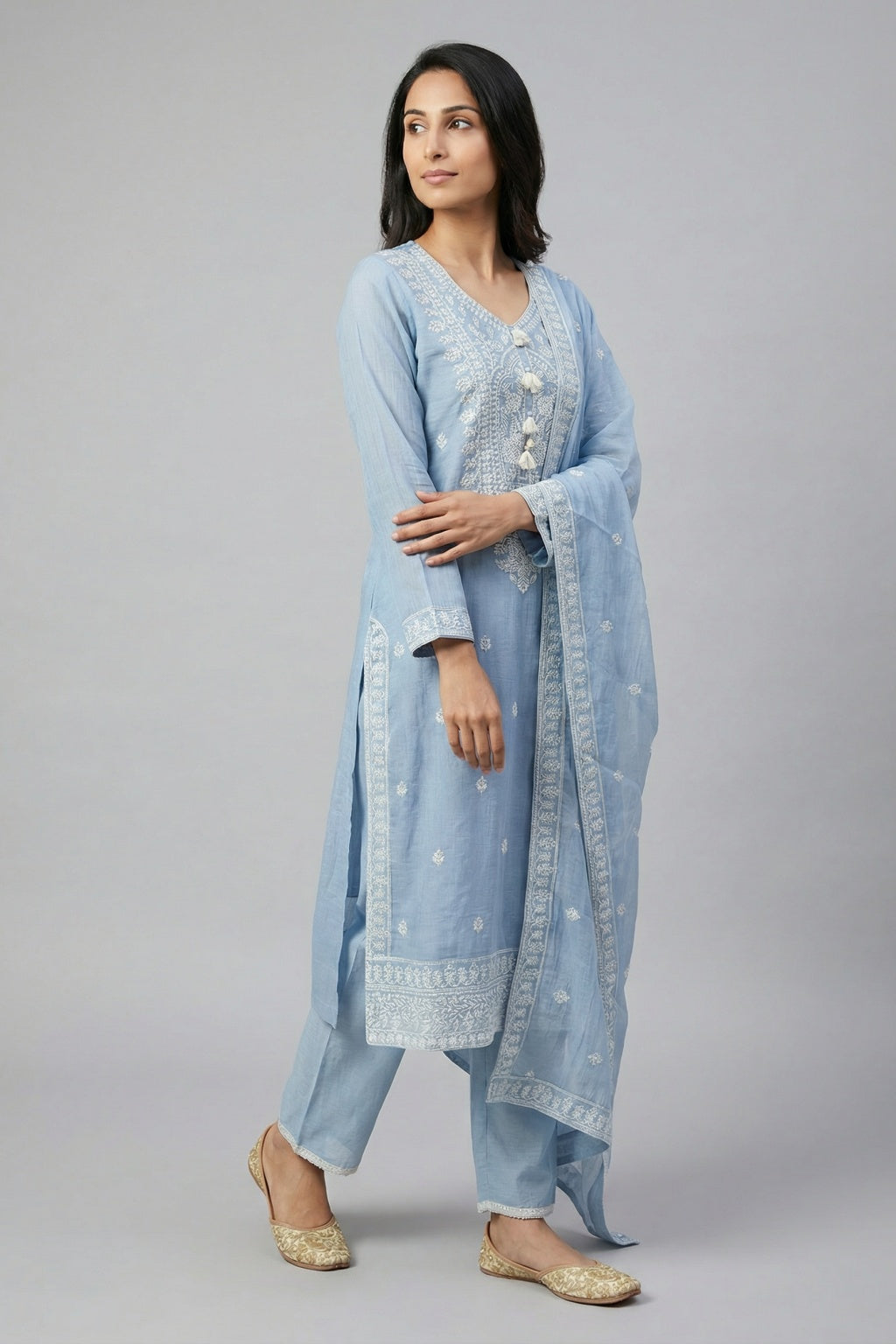 Ice Blue Mul Cotton Salwar Set - Mokshaa