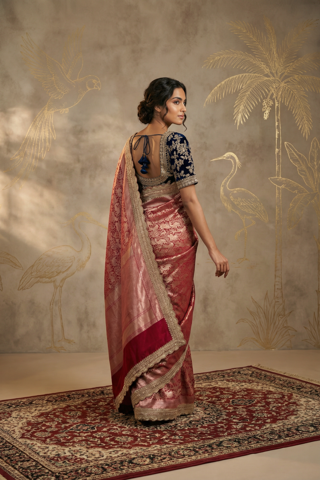 Red Banarasi Silk Saree with Zardosi Border and Contrast Blue Blouse - Mokshaa