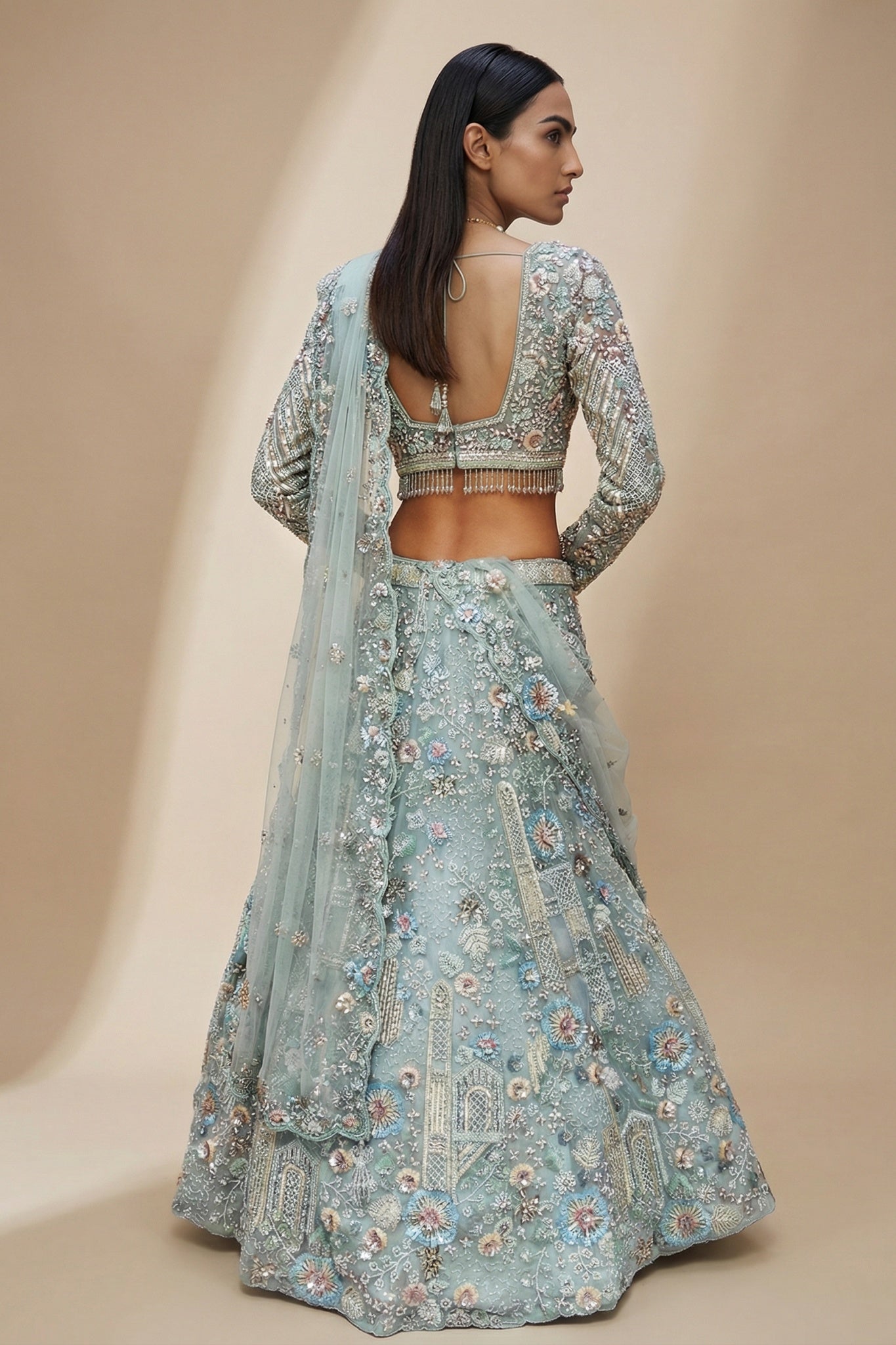 Powder Blue Net Lehenga Set with Intricate Embroidery - Mokshaa