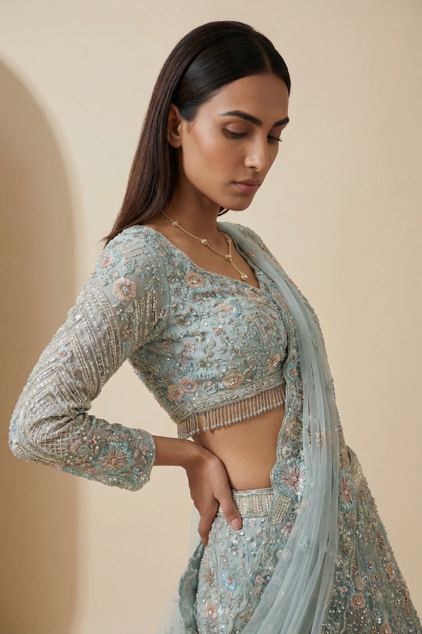 Powder Blue Net Lehenga Set with Intricate Embroidery - Mokshaa