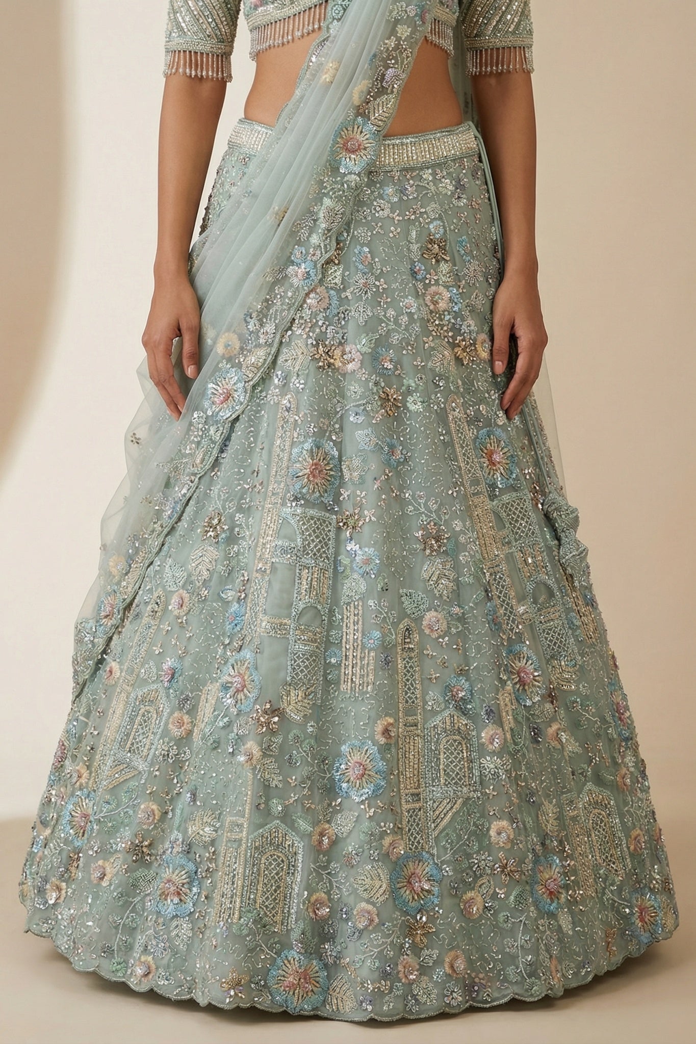 Powder Blue Net Lehenga Set with Intricate Embroidery - Mokshaa
