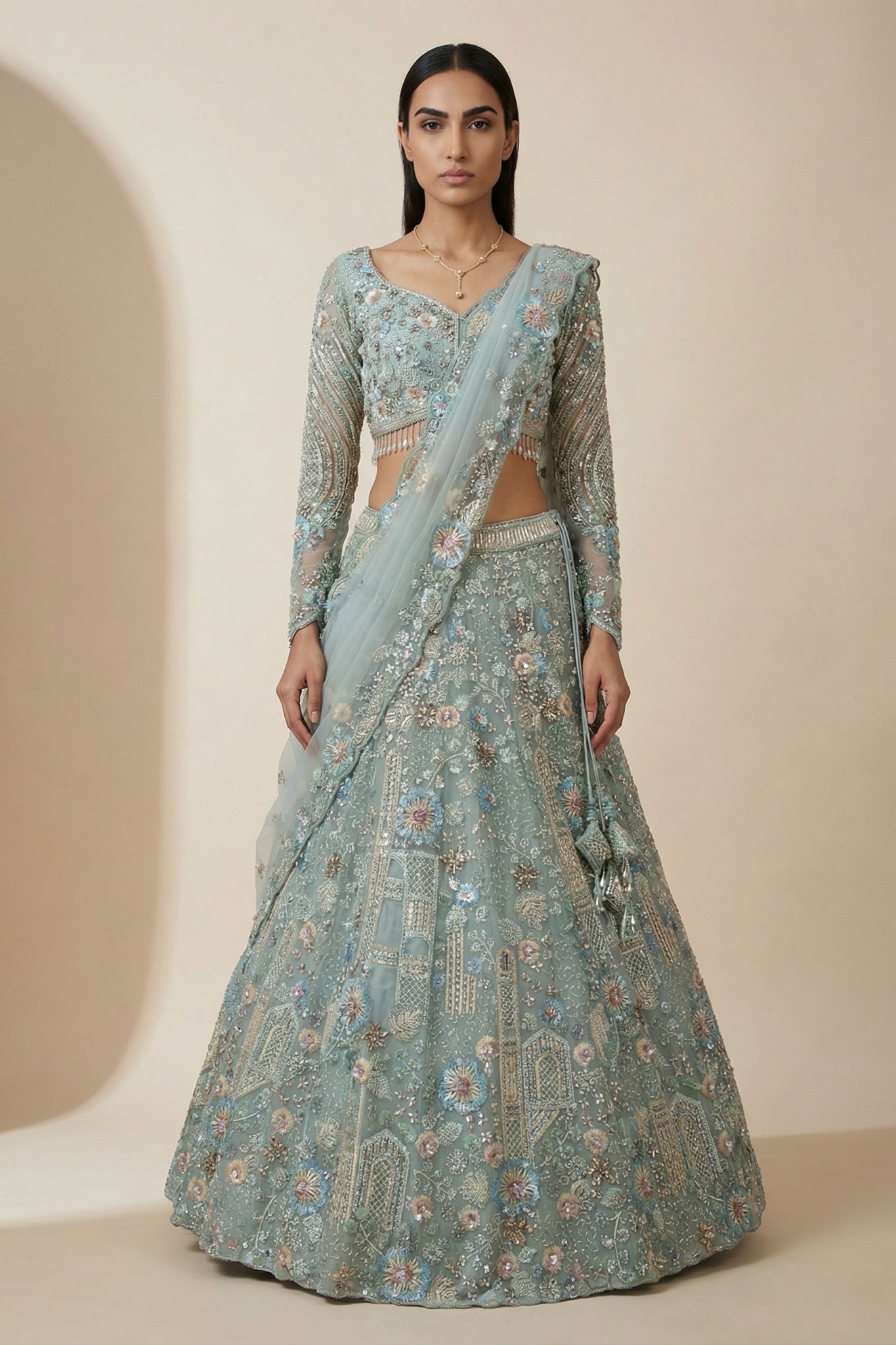 Powder Blue Net Lehenga Set with Intricate Embroidery - Mokshaa
