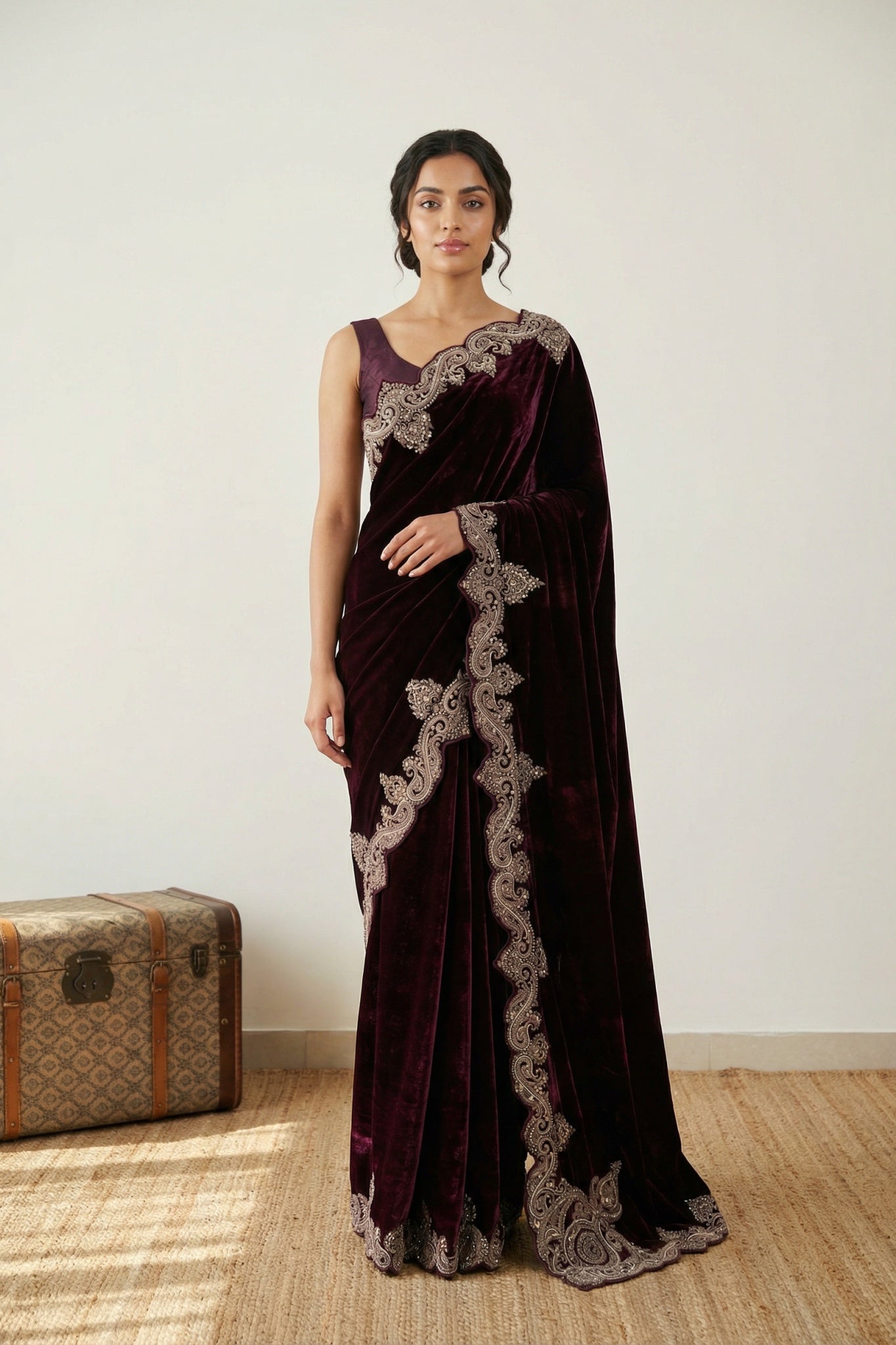 Wine Maroon Velvet Saree with Heavy Zardosi Work Border - Mokshaa