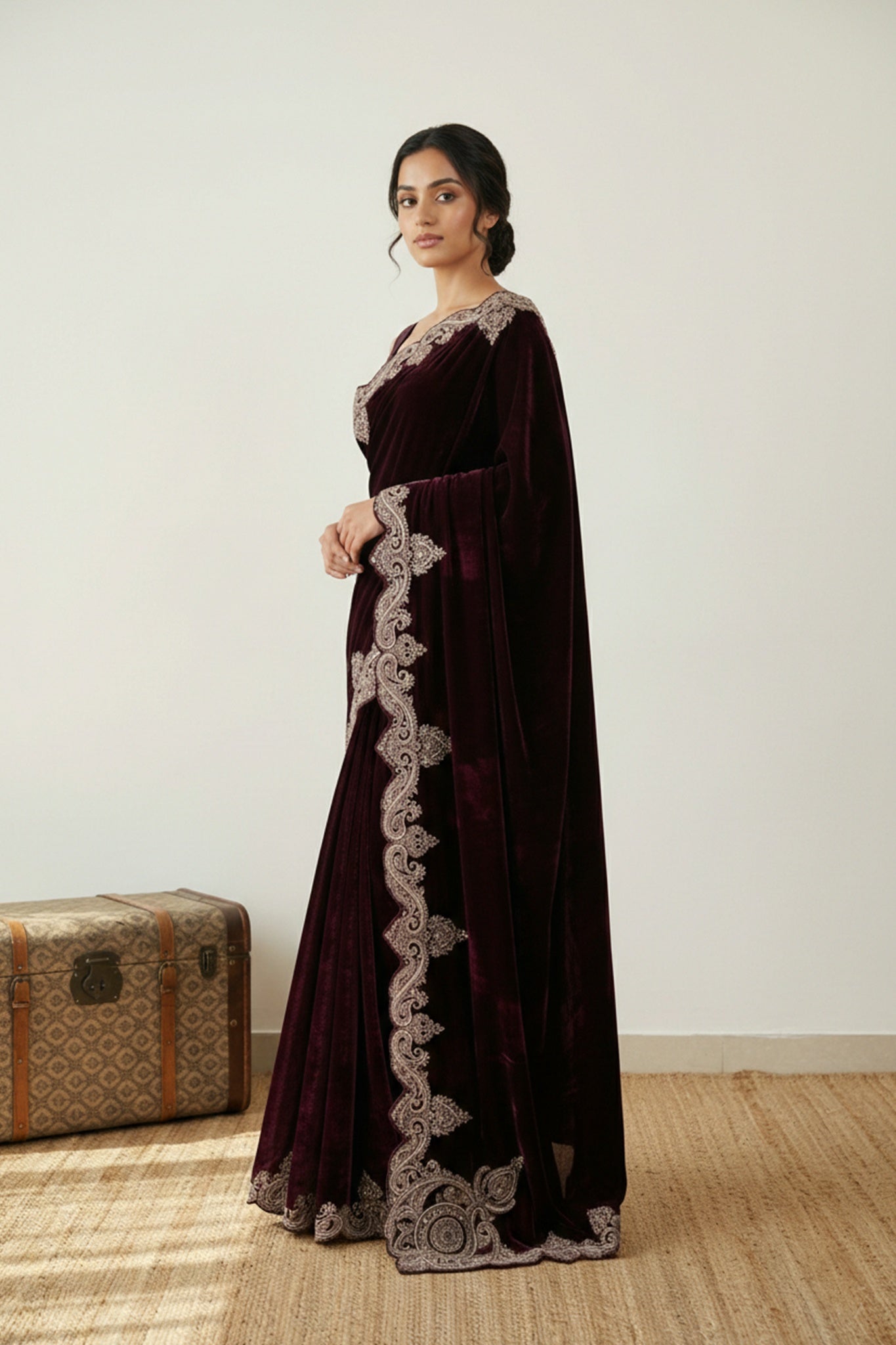 Wine Maroon Velvet Saree with Heavy Zardosi Work Border - Mokshaa
