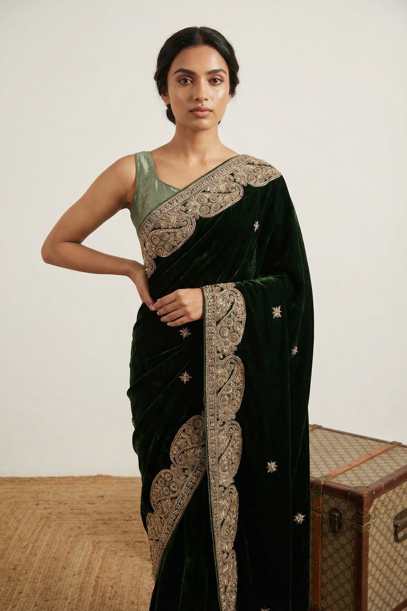 Green Velvet Saree with Jardhosi Border - Mokshaa