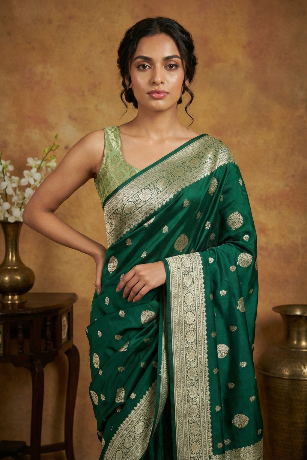 Green Banaras Mushroom Silk Saree with Gold Zari Buttas - Mokshaa