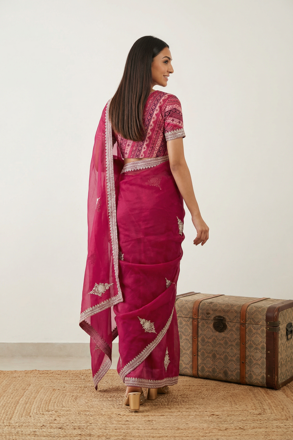 Pink Organza Saree with Pearl & Bead Butti Work - Mokshaa