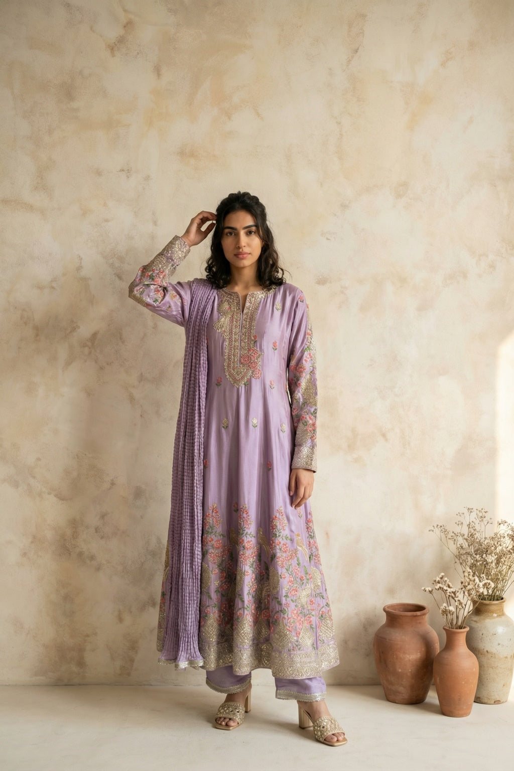 Purple Mul Chanderi Anarkali Set - Mokshaa