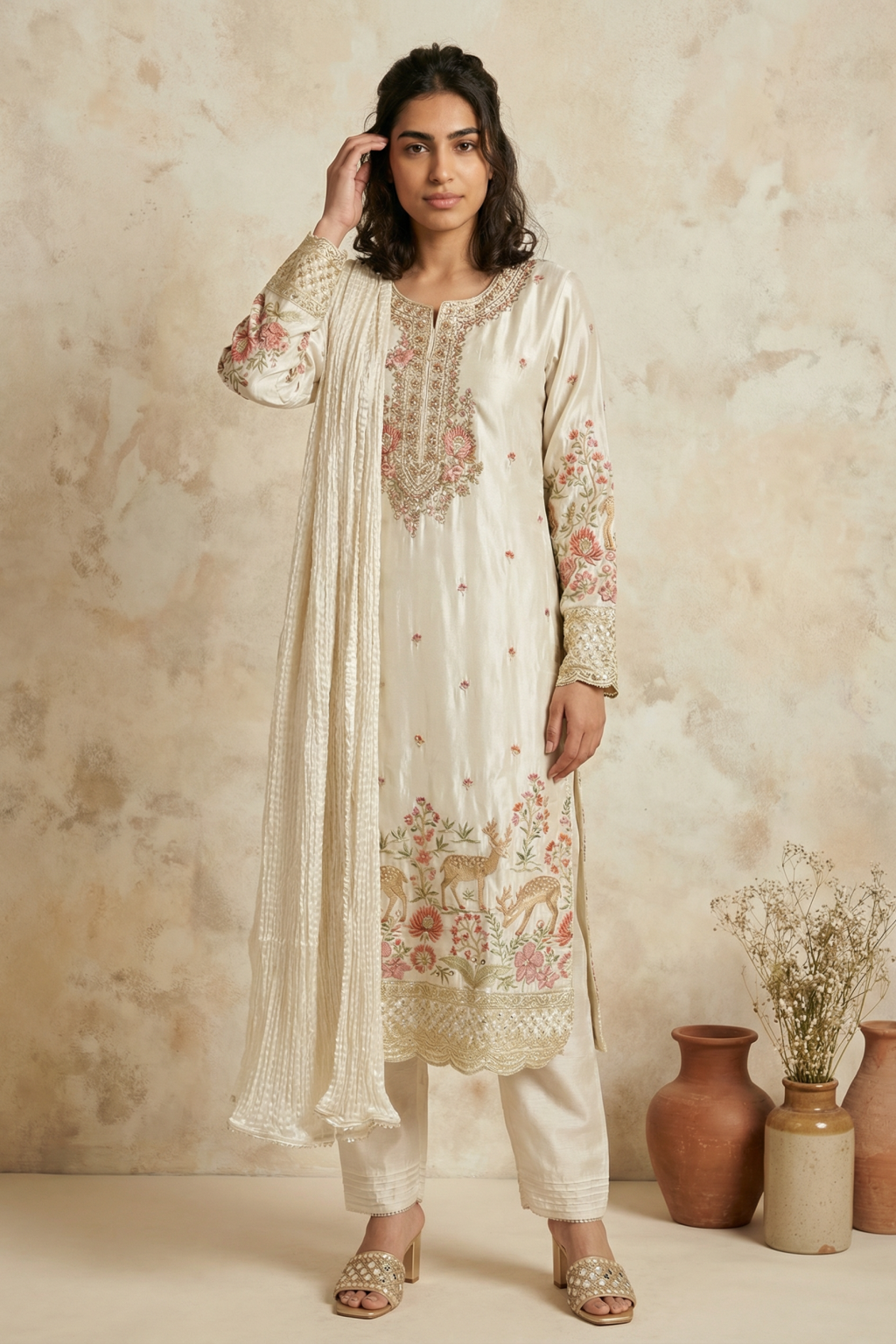 Ivory Chanderi Salwar Set with Multicolour Embroidery - Mokshaa
