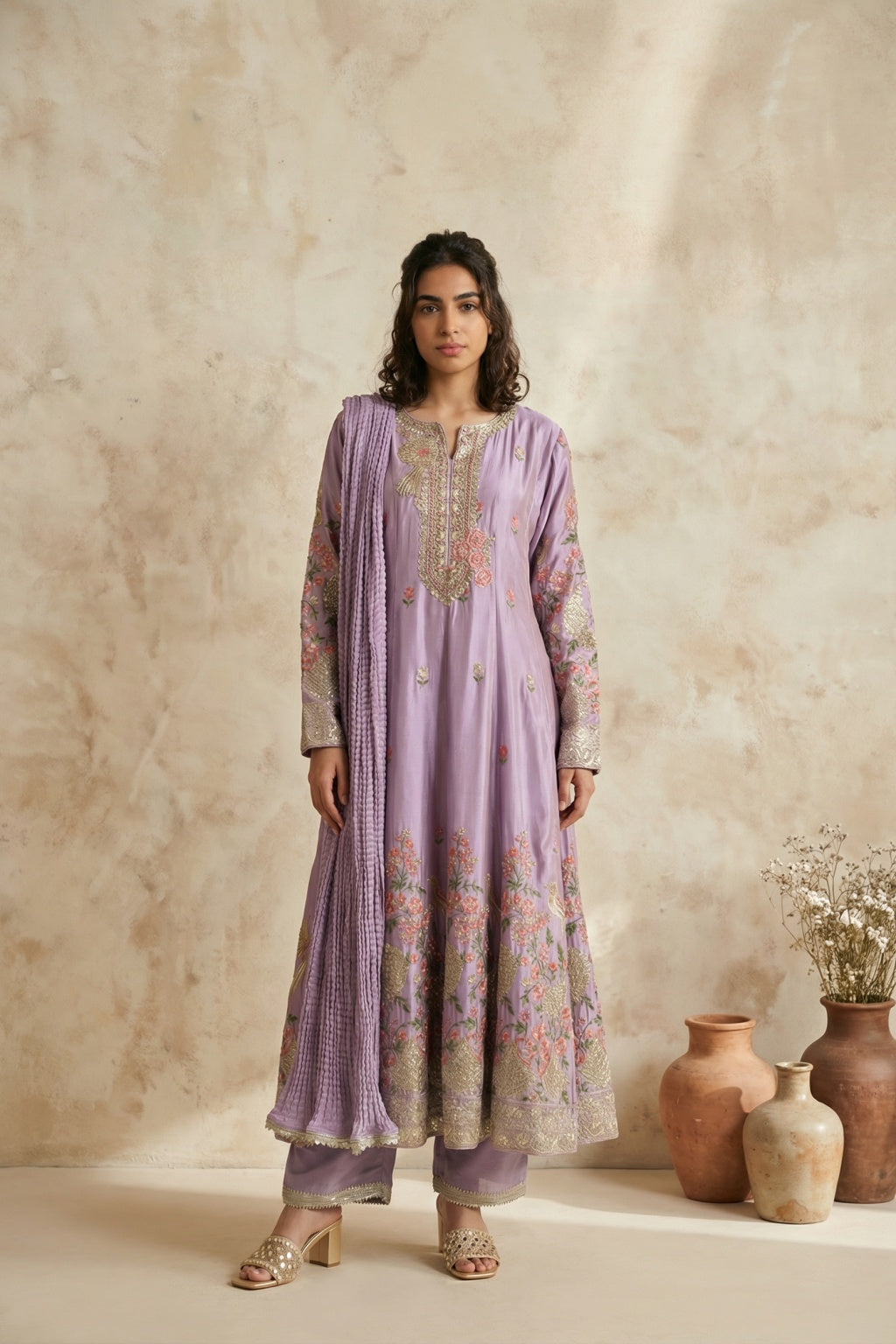Purple Mul Chanderi Anarkali Set - Mokshaa