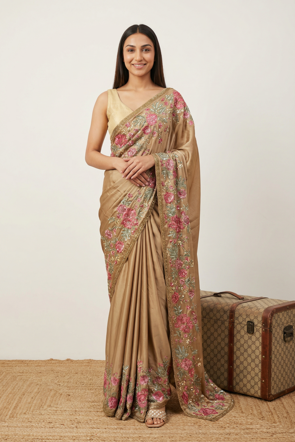Gold Satin Floral Sequin Saree - Mokshaa