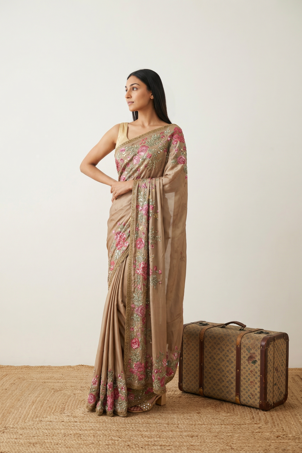 Gold Satin Floral Sequin Saree - Mokshaa