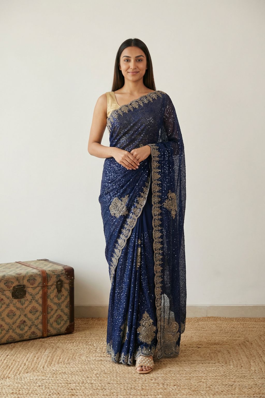 Royal Blue Georgette Saree with All-Over Sequins & Zardosi Border - Mokshaa