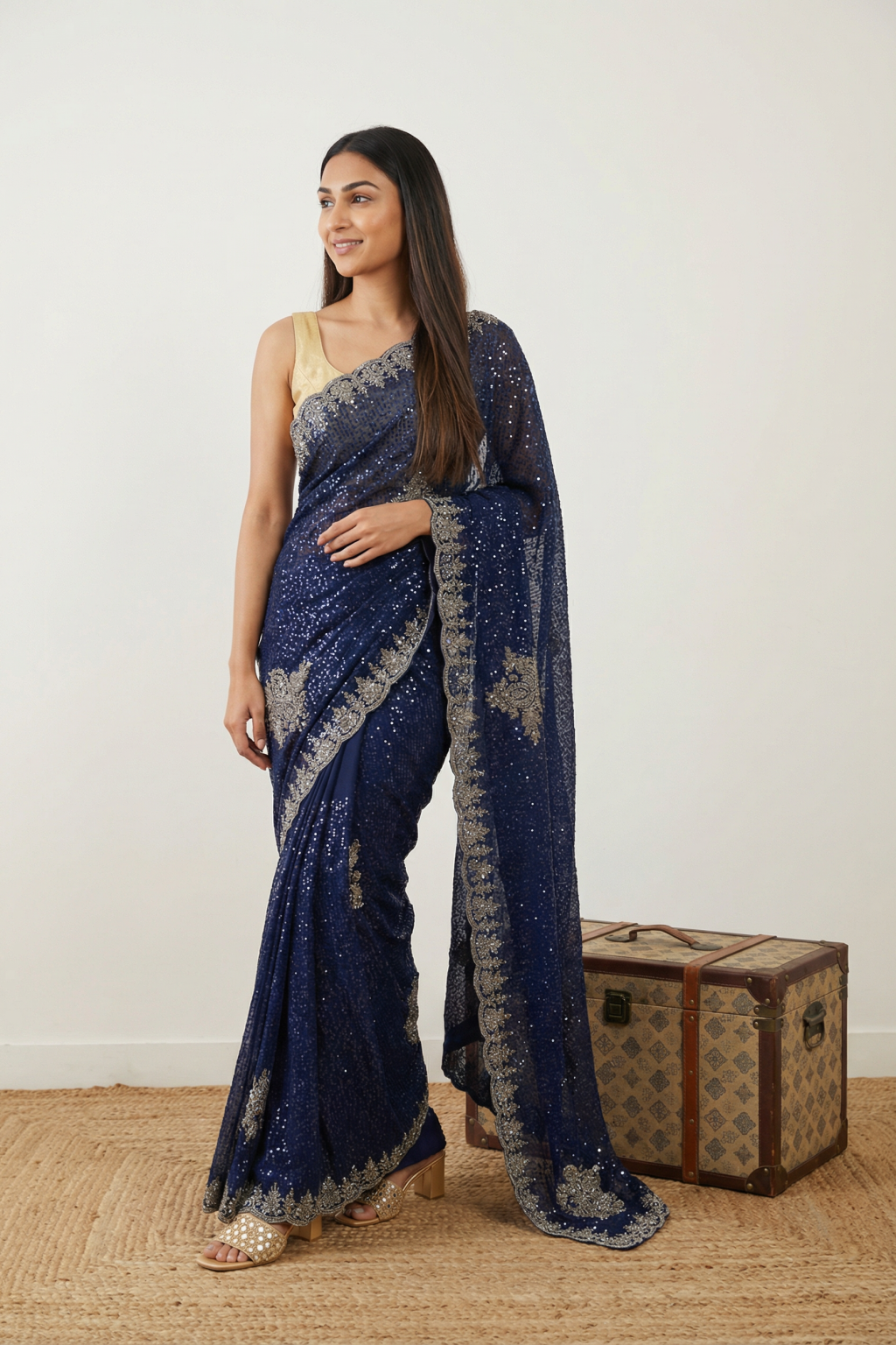 Royal Blue Georgette Saree with All-Over Sequins & Zardosi Border - Mokshaa