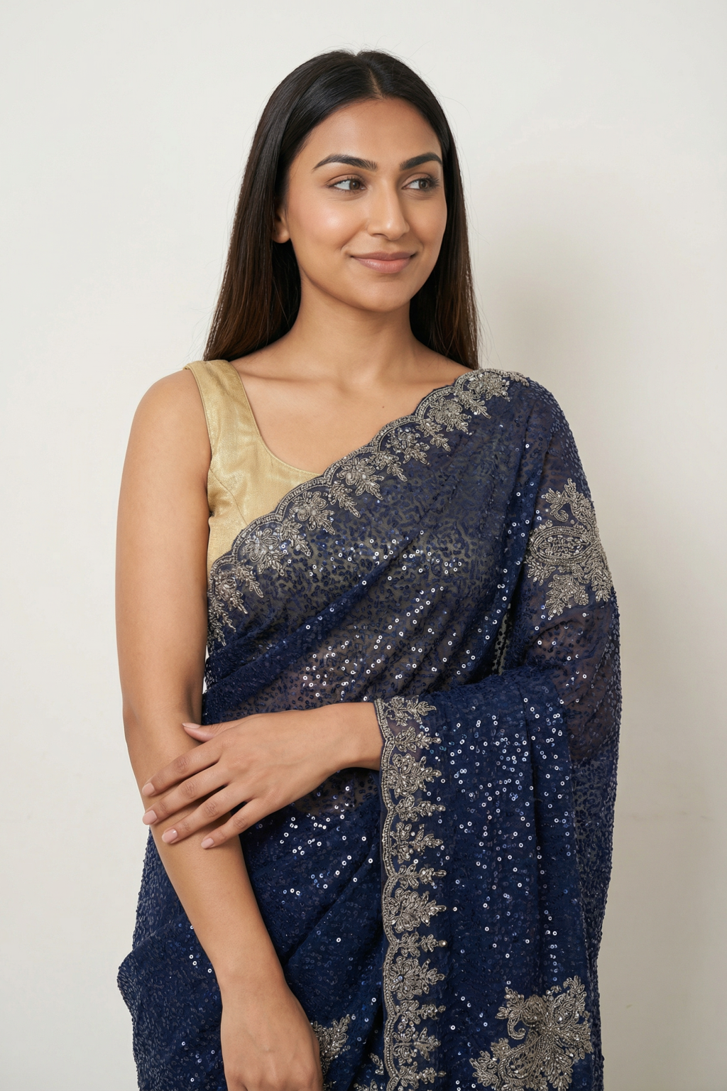 Royal Blue Georgette Saree with All-Over Sequins & Zardosi Border - Mokshaa