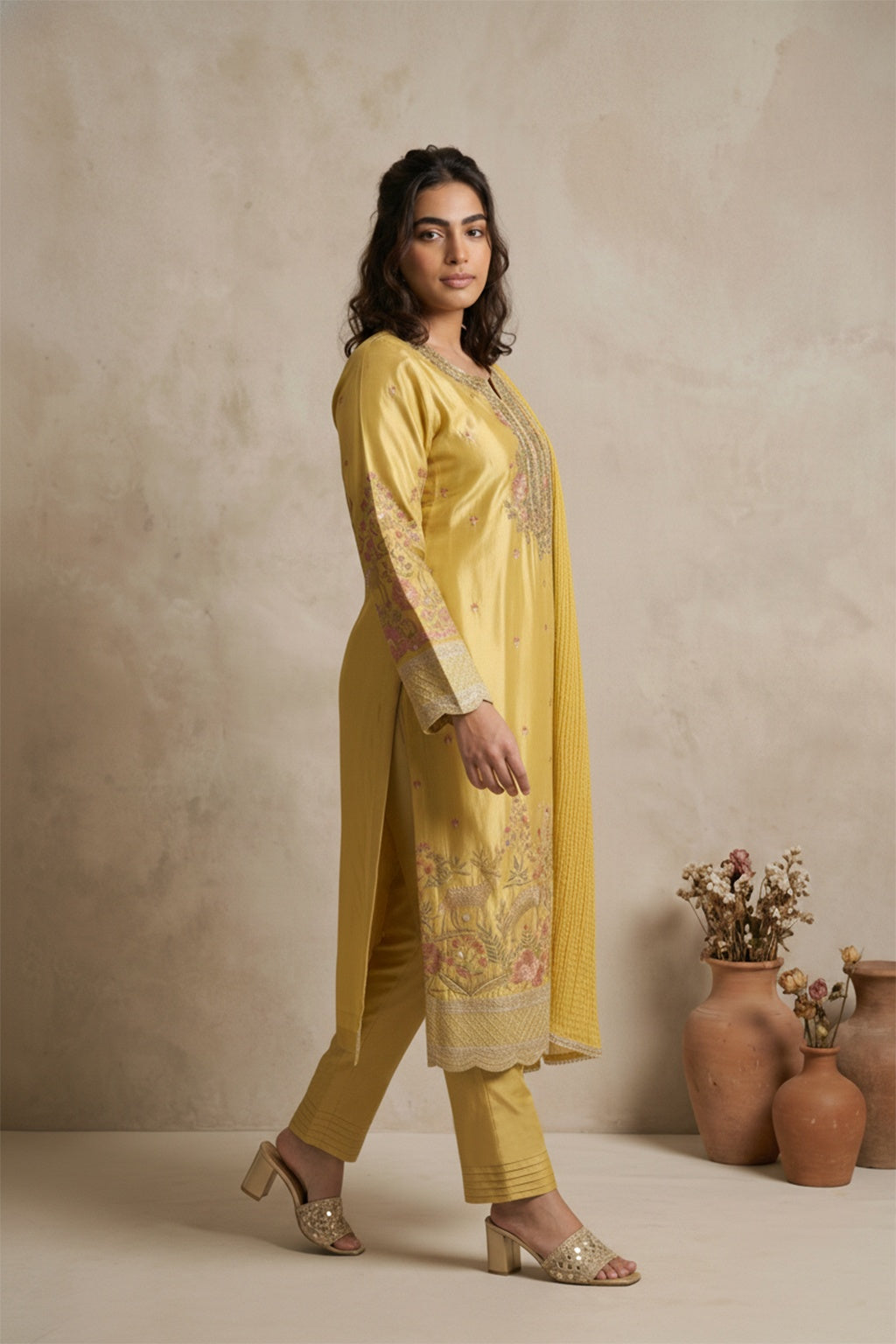Mustard Mul Chanderi Salwar Set - Mokshaa