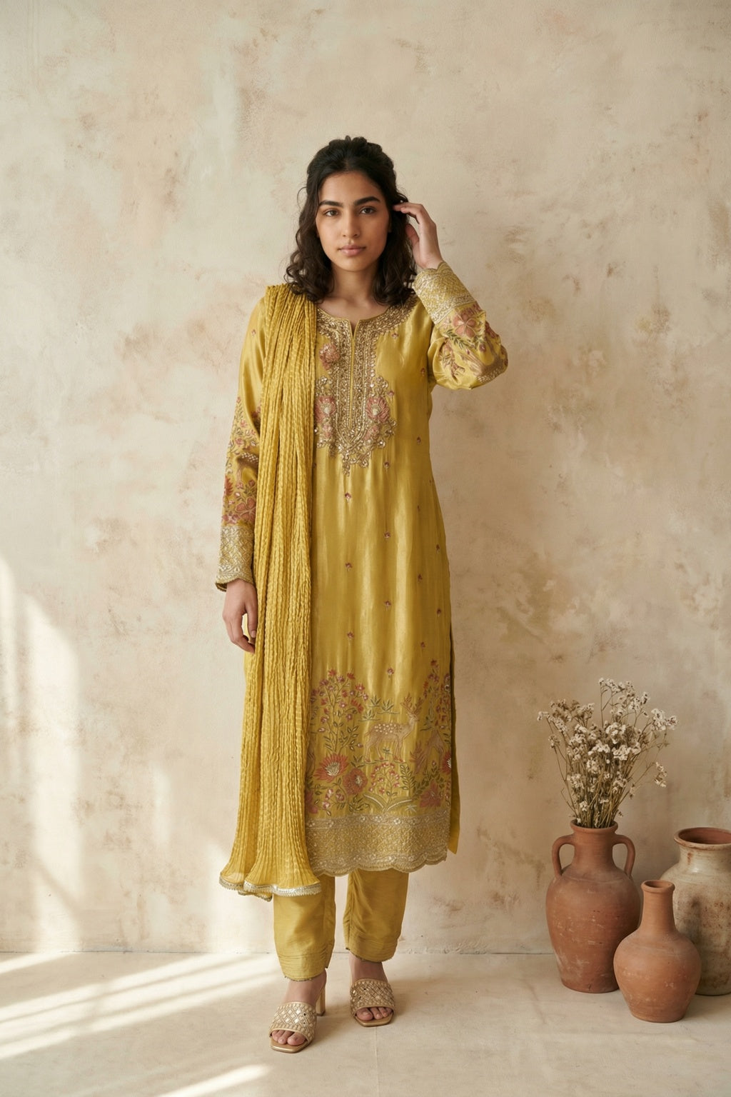 Mustard Mul Chanderi Salwar Set - Mokshaa