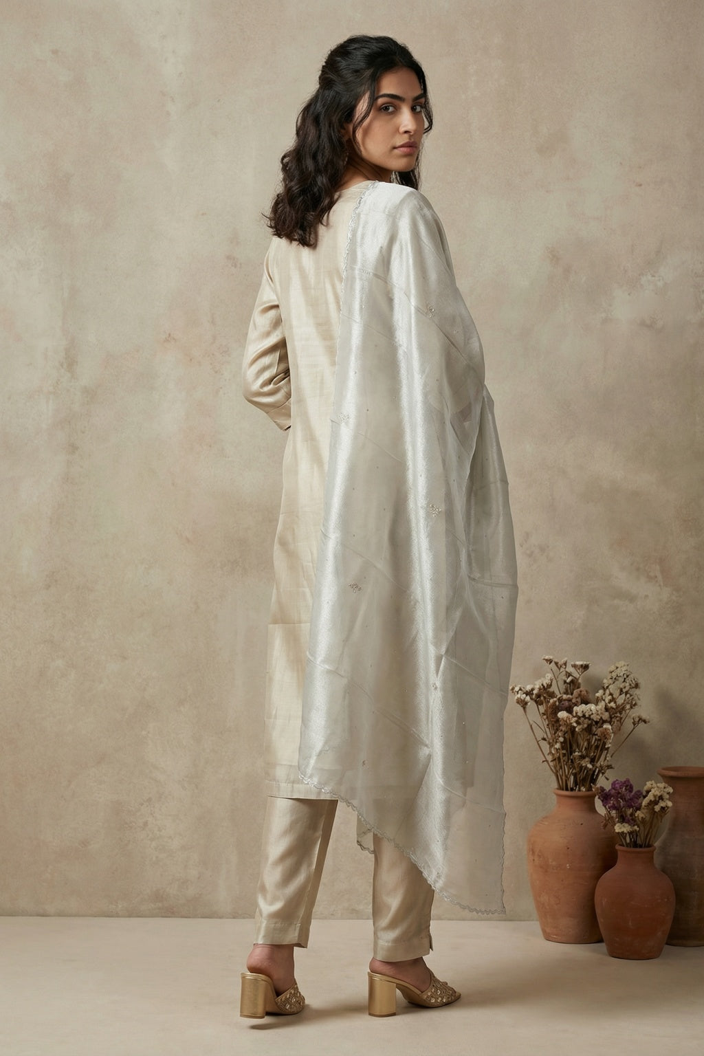 Champagne Gold Tissue Organza Salwar Set - Mokshaa