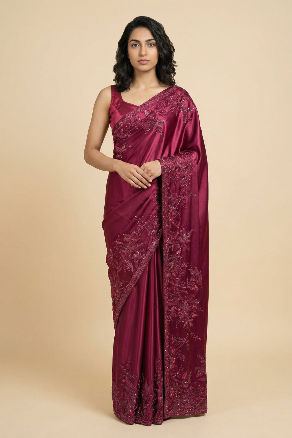 Maroon Satin Saree with Beaded Embroidery Border - Mokshaa