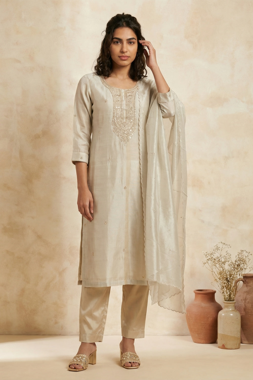 Champagne Gold Tissue Organza Salwar Set - Mokshaa
