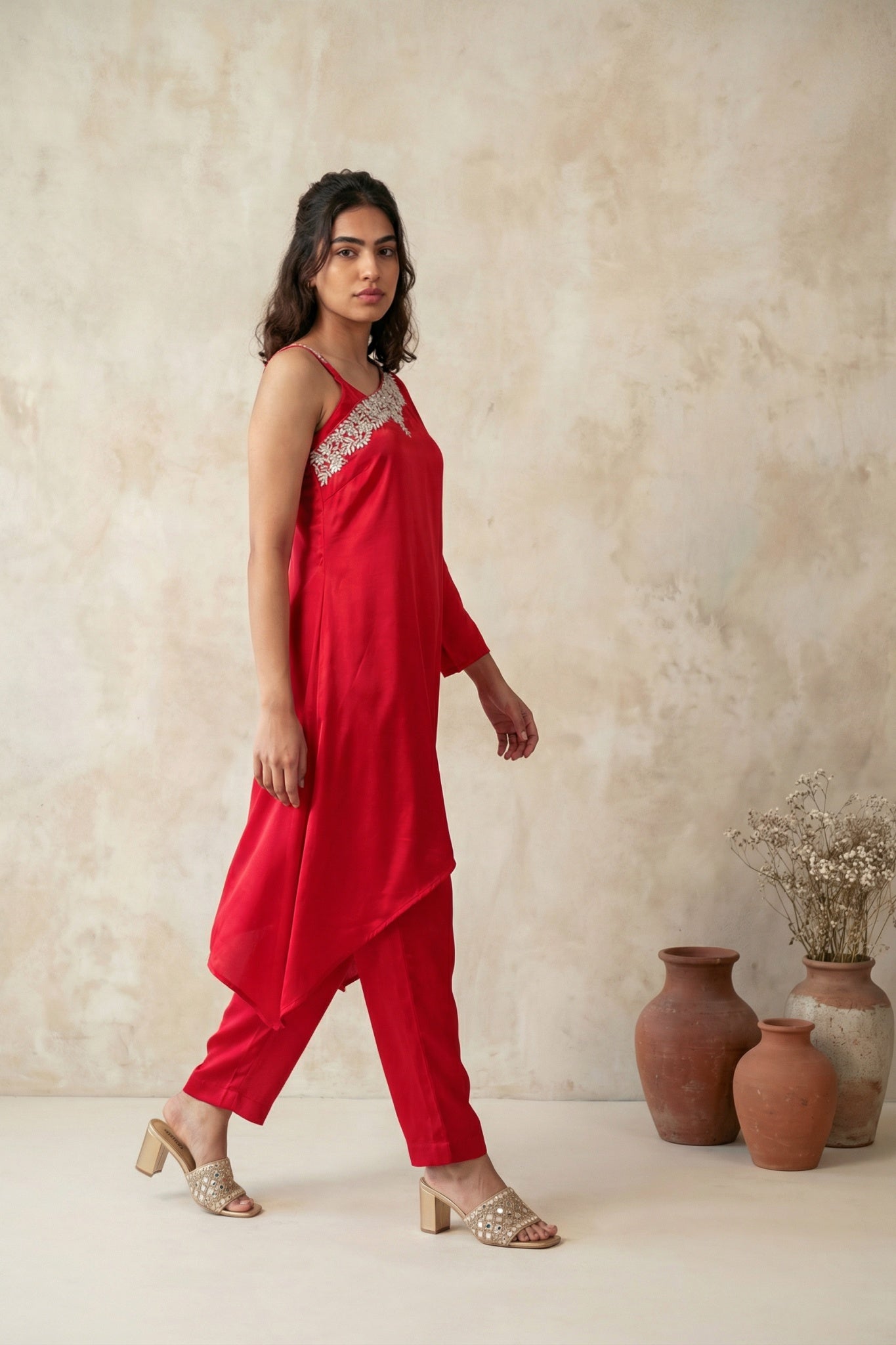 Red Satin One-Shoulder Kurta Set - Mokshaa