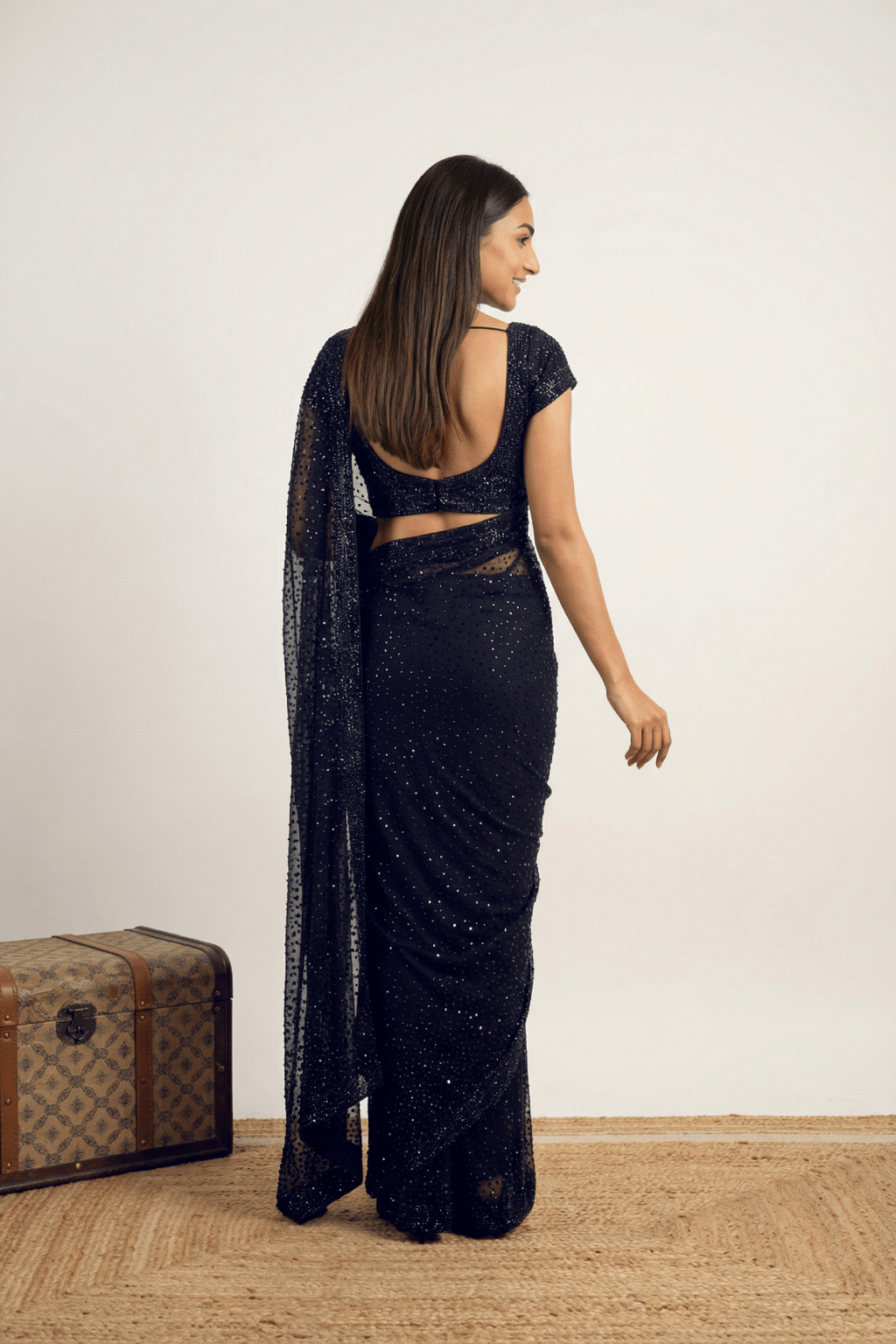 Midnight Blue Net Saree with Gunmetal Sequin Work and Ready Blouse