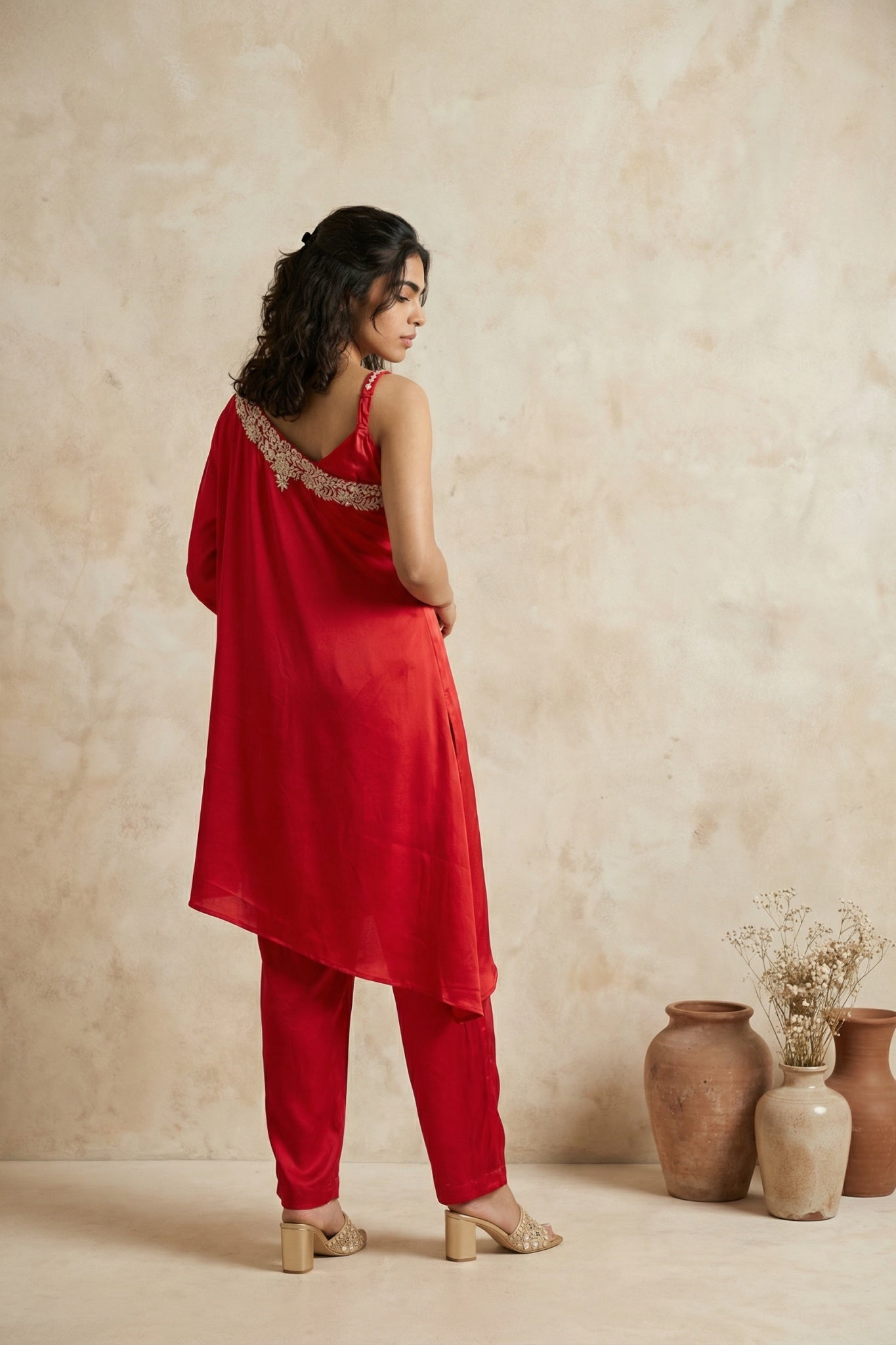 Red Satin One-Shoulder Kurta Set - Mokshaa