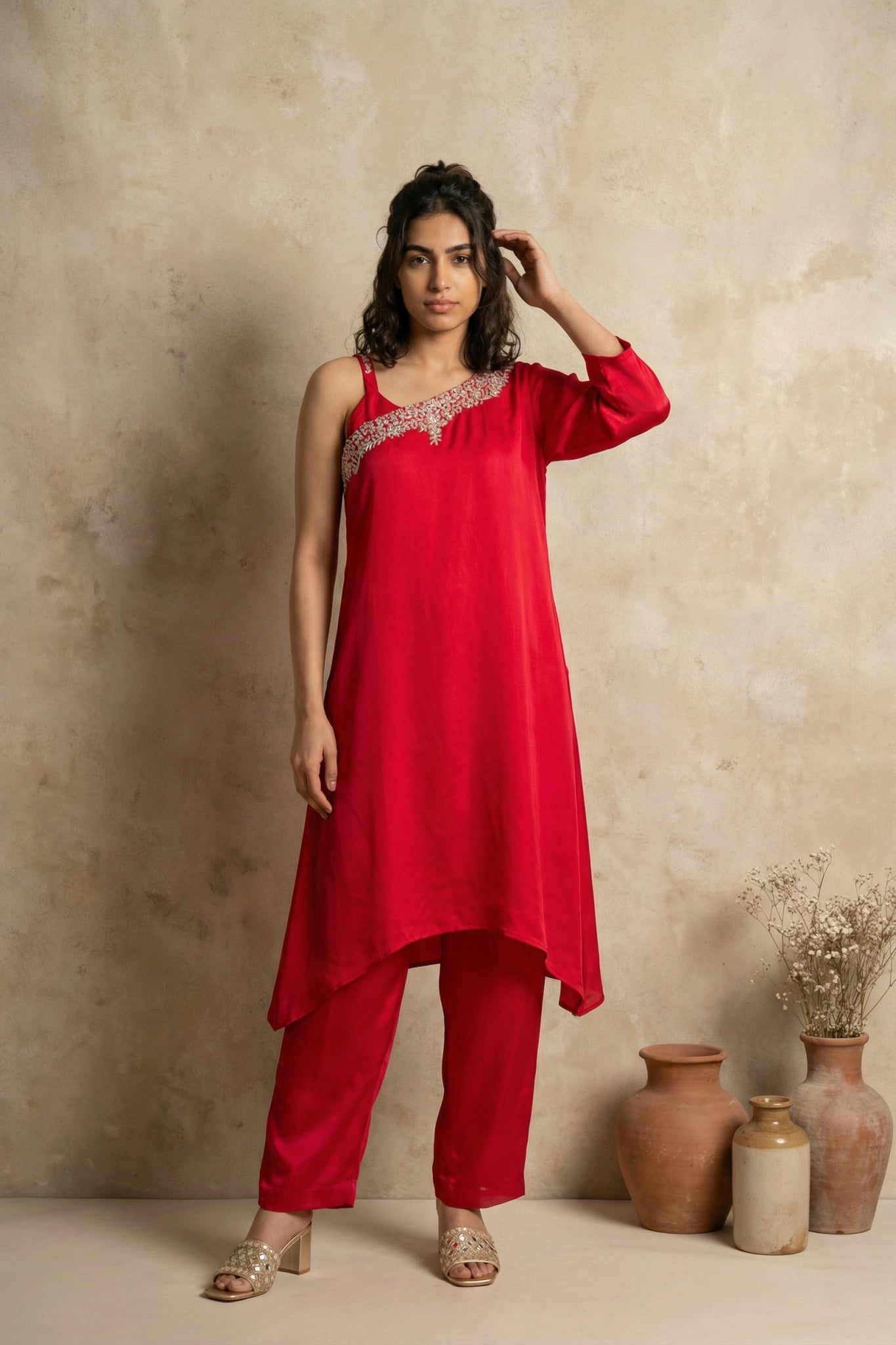 Red Satin One-Shoulder Kurta Set - Mokshaa