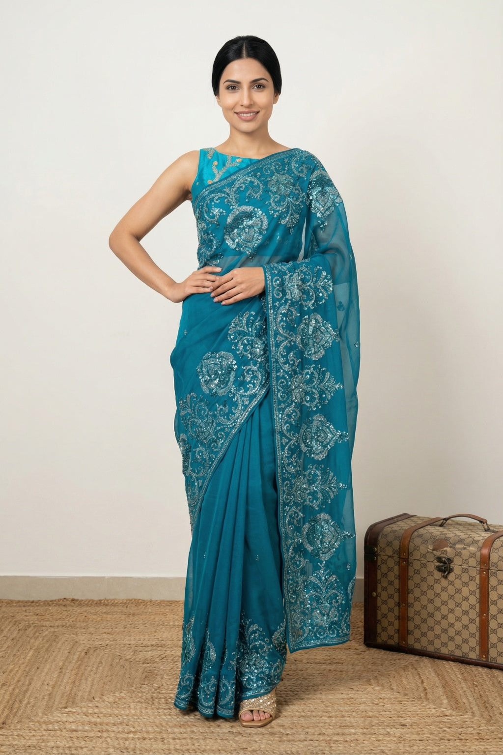 Teal Blue Organza Saree