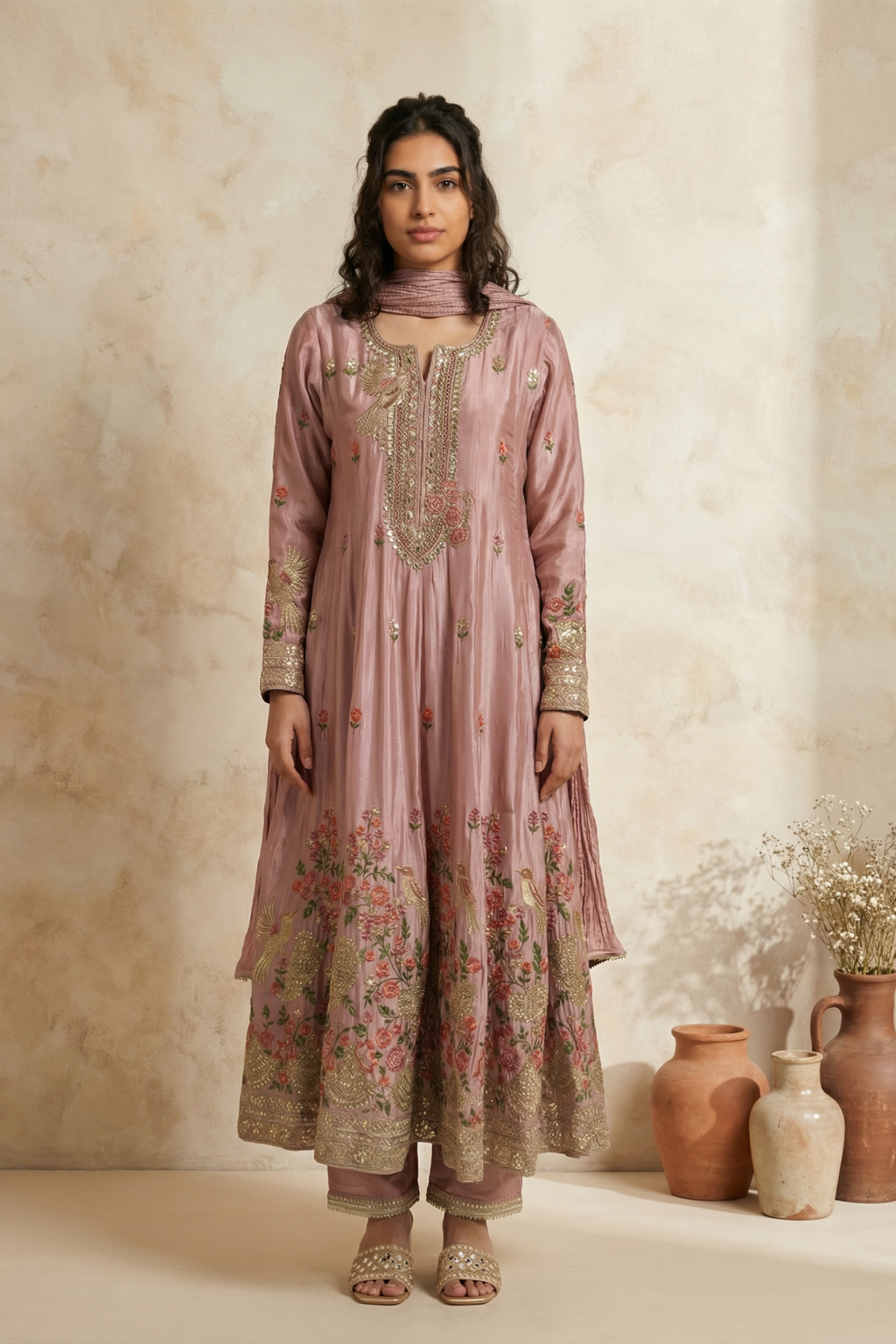 Pink Mul Chanderi Anarkali Set - Mokshaa