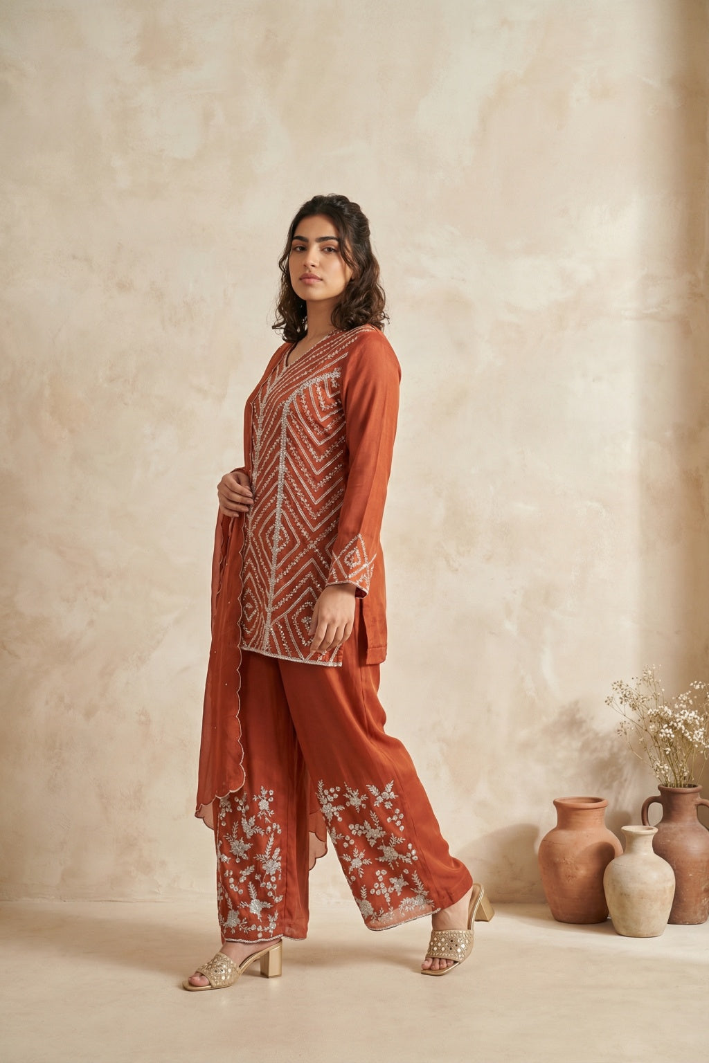 Rust Silk Palazzo Set with Hand Embroidery - Mokshaa